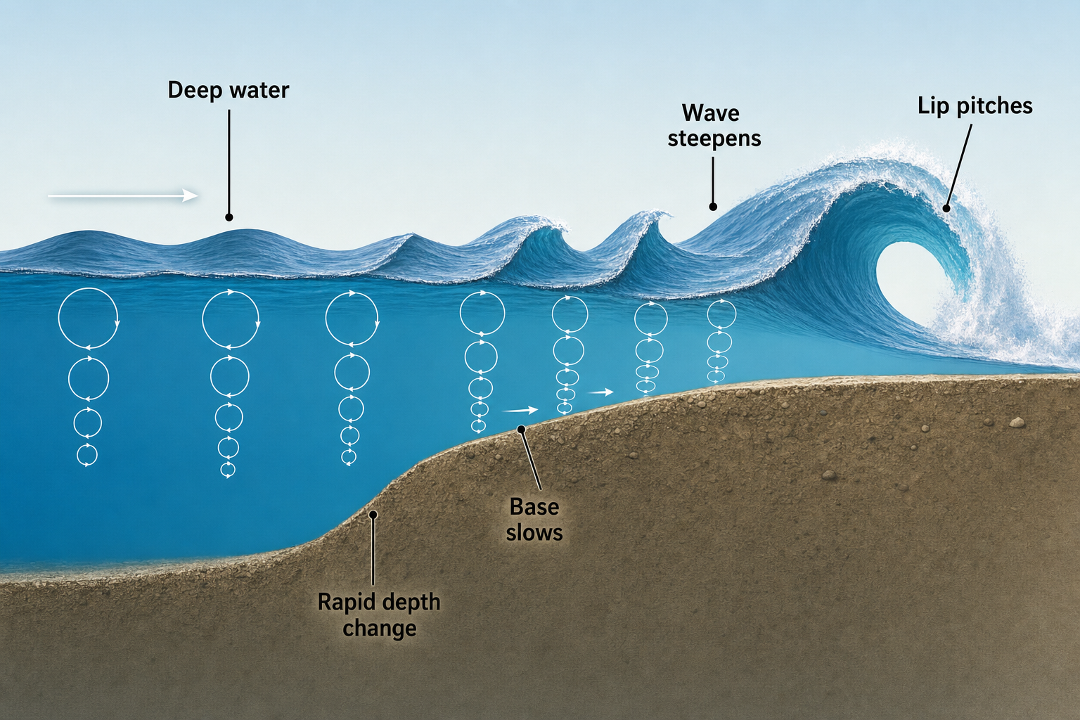 Side-view cutaway showing a swell traveling from deep water over a rapid seabed rise, steepening, and pitching forward into a hollow barrel.