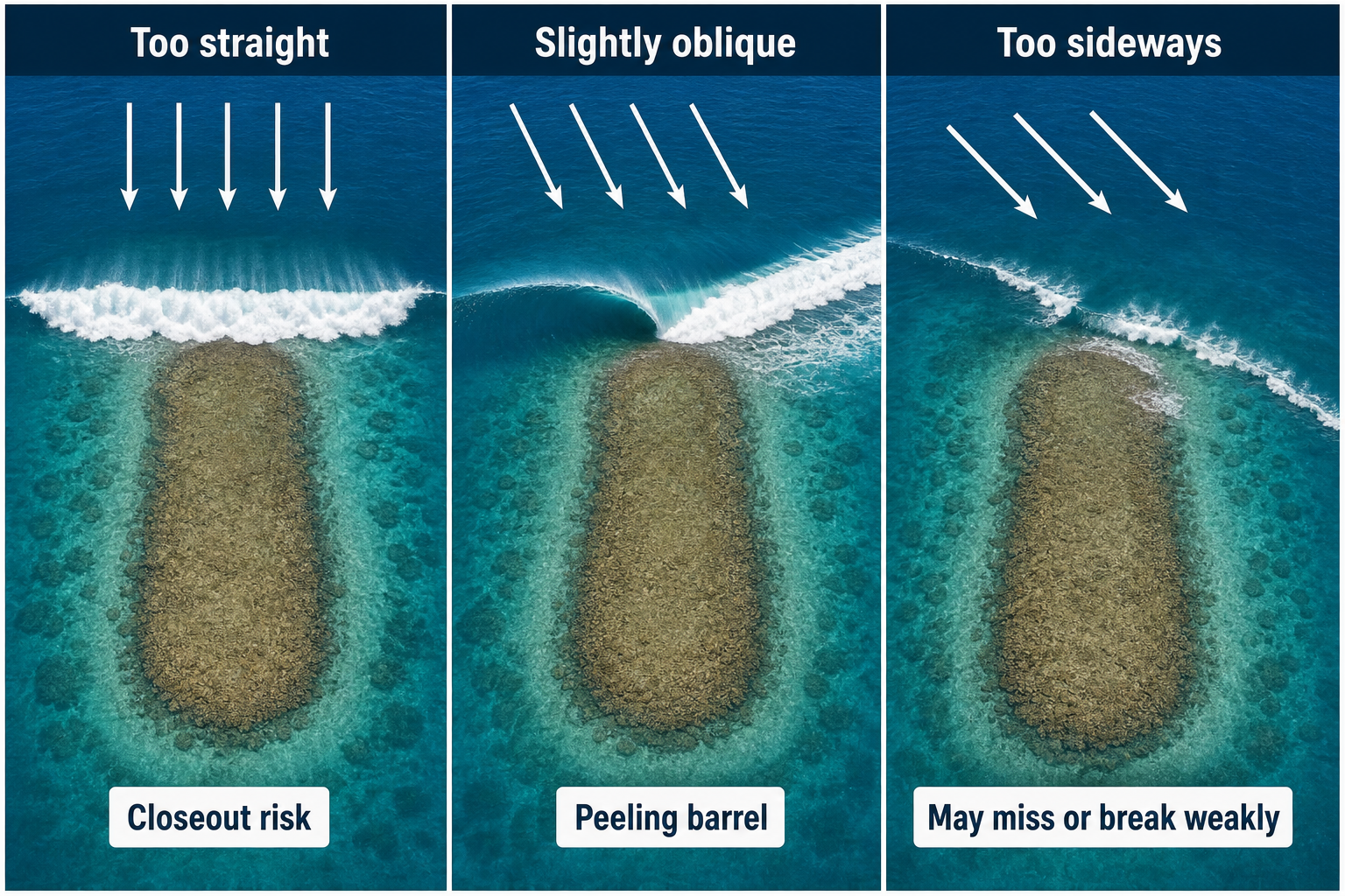 Three top-down panels compare straight, slightly oblique, and overly sideways swells approaching the same shallow feature, producing a closeout, peeling barrel, or weak misplaced break.