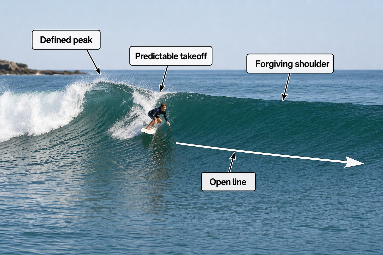 Annotated open-faced wave with a defined peak, predictable takeoff, forgiving shoulder, and clear rightward line ahead of one surfer.