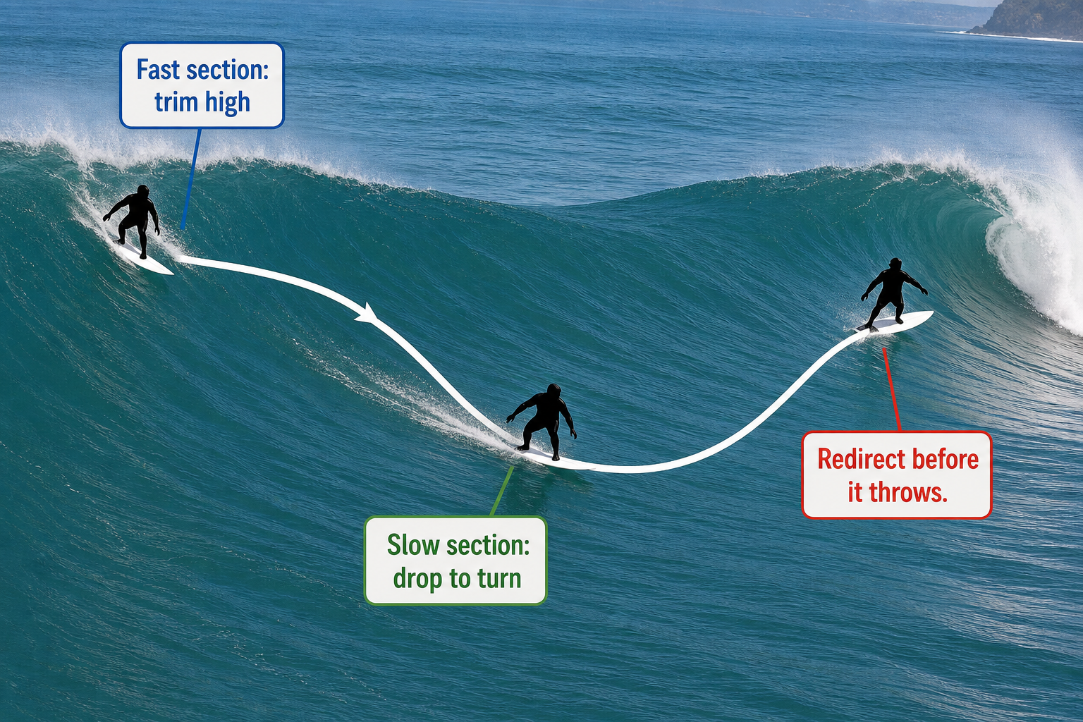 Three surfer positions follow a continuous path that trims high, drops into a low turn, and redirects upward before a pitching section.
