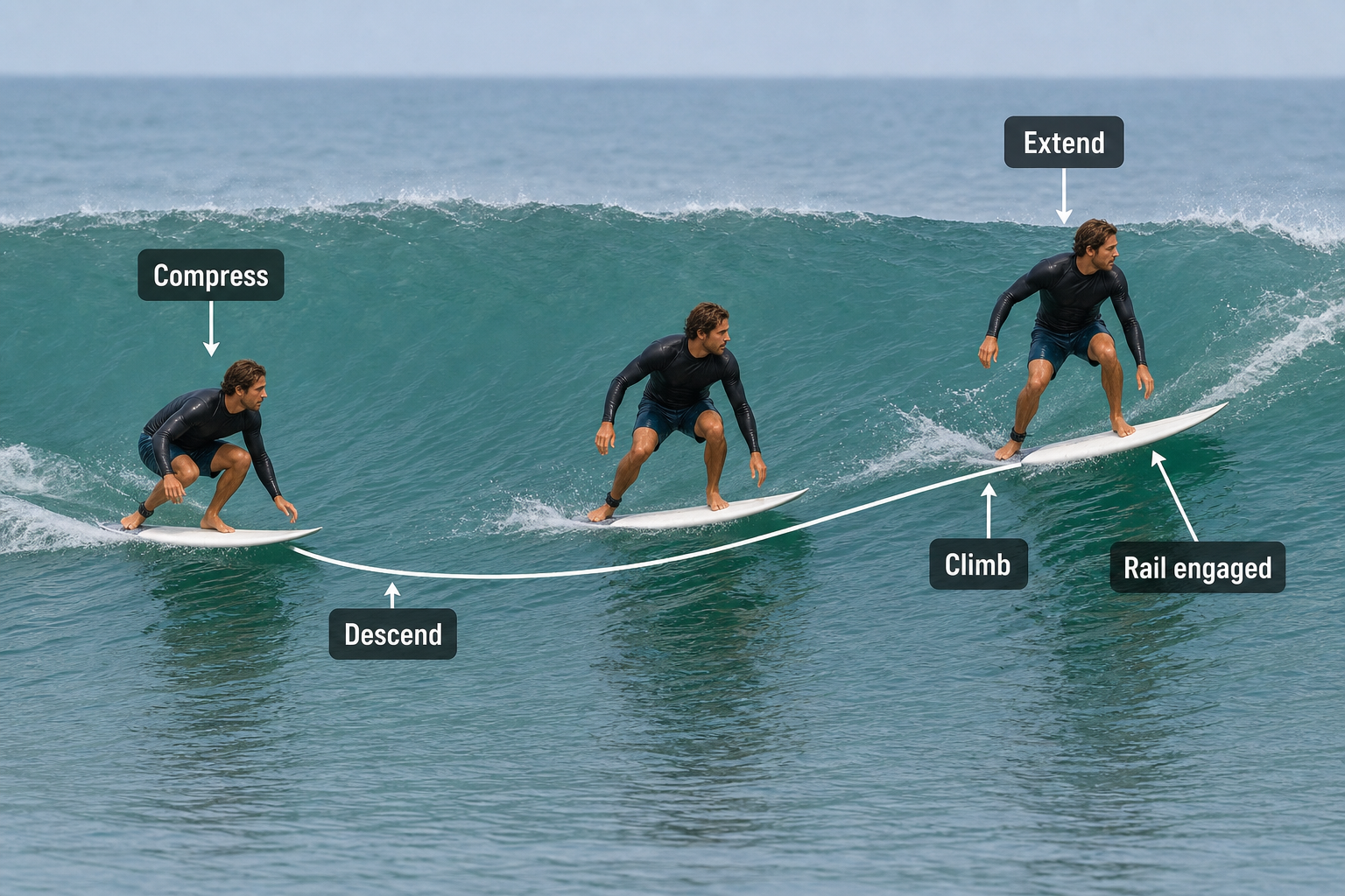 Three sequential views of one surfer compressing into a shallow descent and extending into a climb while keeping the board engaged with a soft wave face.