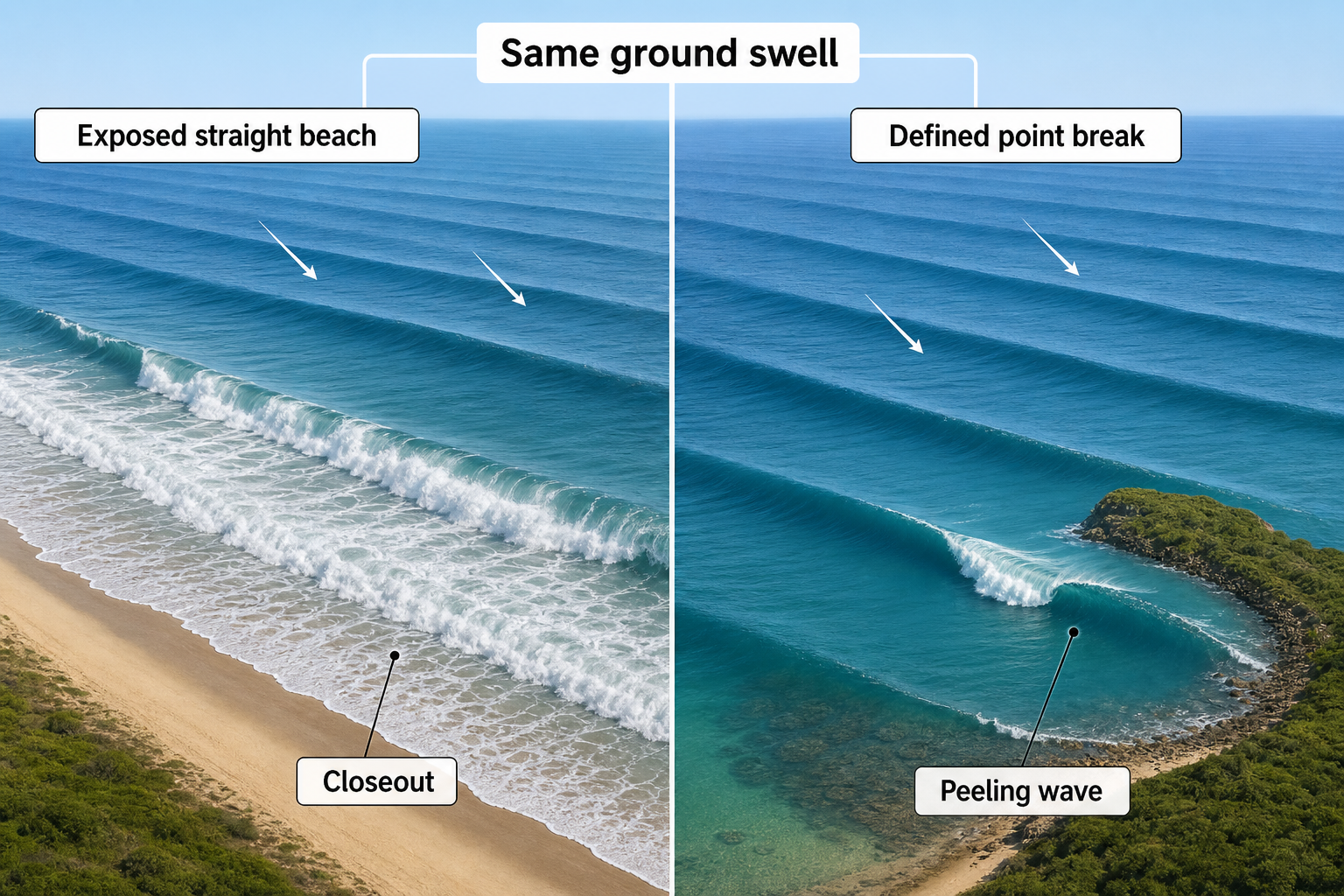 Comparison showing the same organized ground swell closing out across an exposed straight beach and peeling along a defined point break.