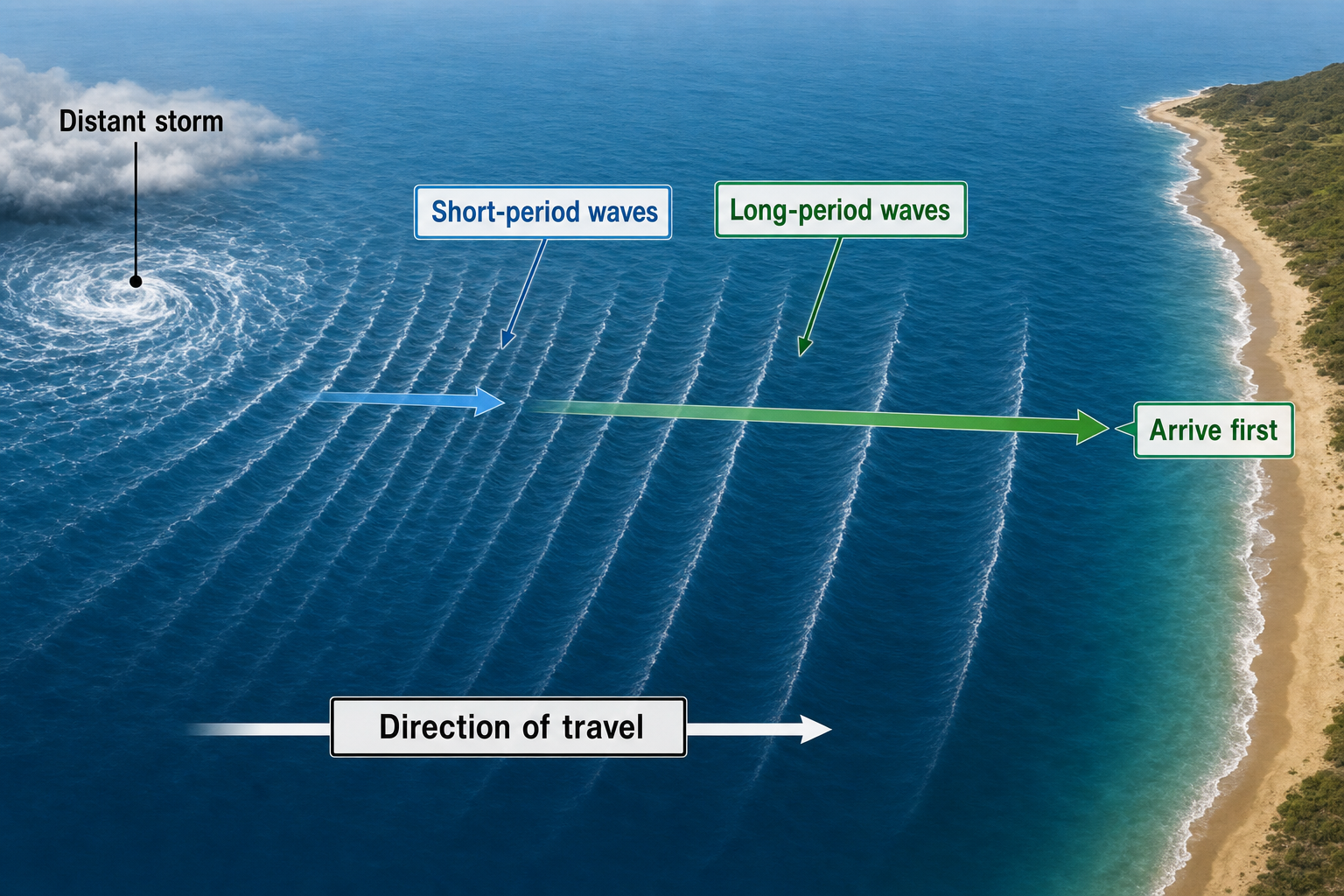 Ocean dispersion diagram showing long-period waves traveling ahead of short-period waves from one distant storm toward a coastline.