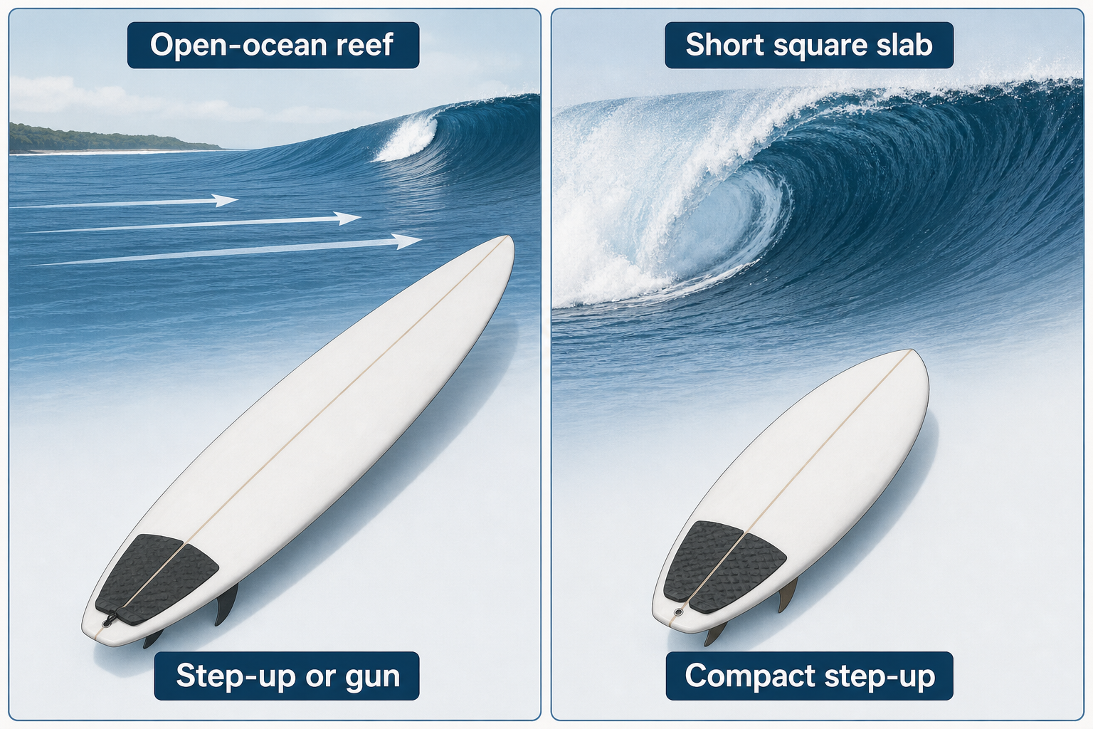 Two-panel comparison shows a longer step-up or gun for an open-ocean reef and a shorter compact step-up beside a tight slab barrel.