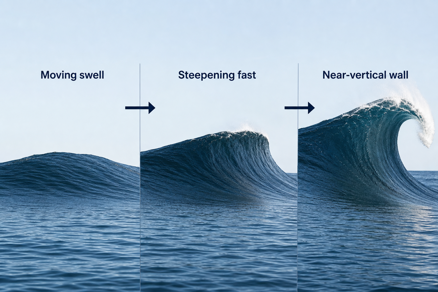 Three side-on panels show a rounded moving swell steepening rapidly into a near-vertical wave with a pitching lip.