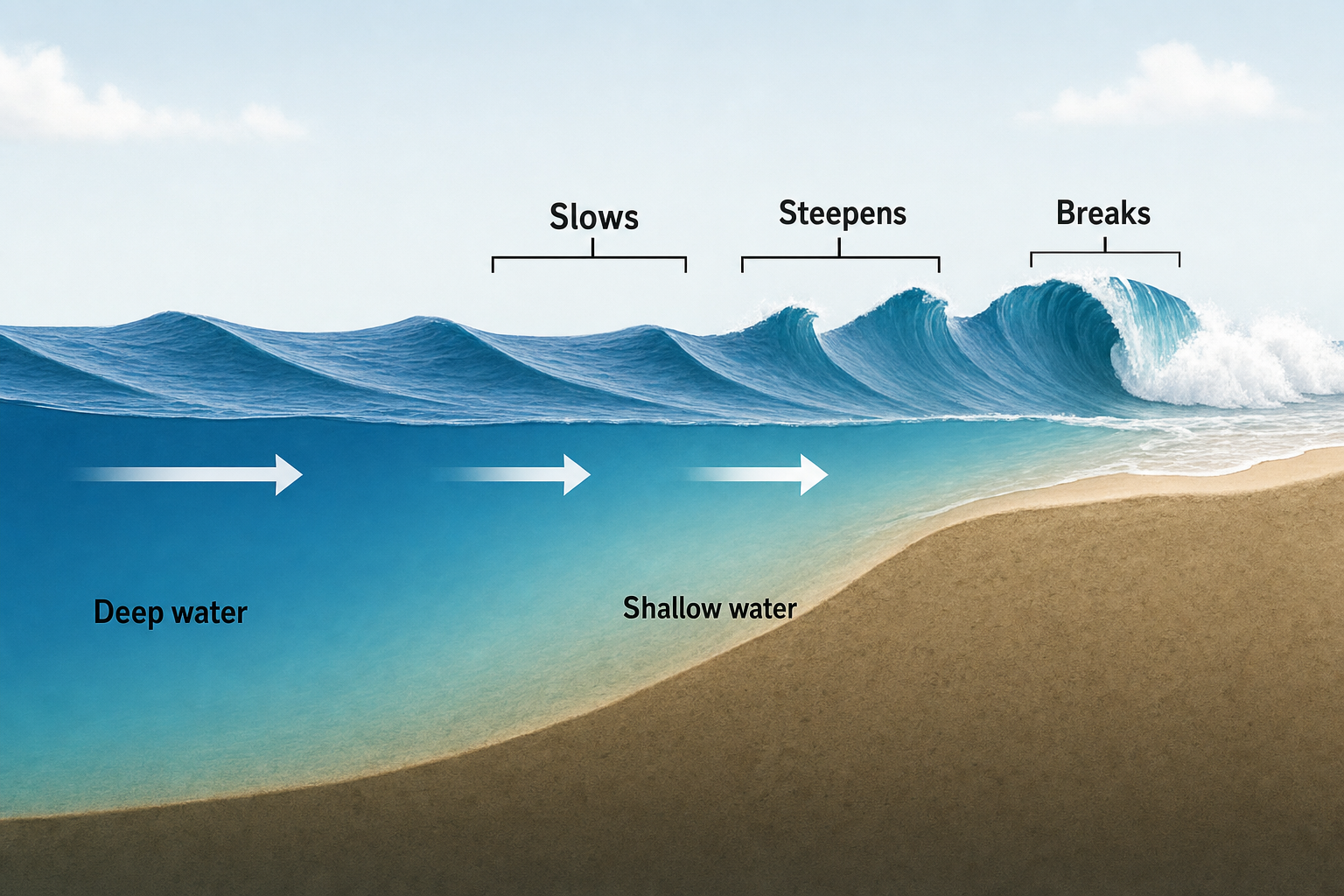 Coastal cross-section showing swell moving from deep water toward shore, slowing and steepening over a rising seabed before breaking in shallow water.