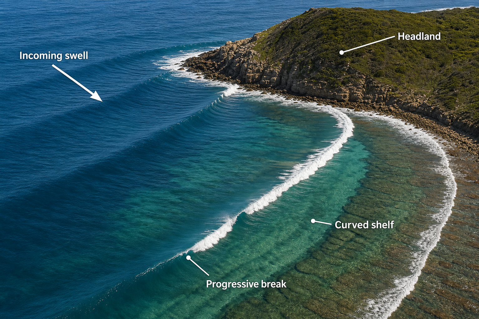 Oblique coastal diagram showing incoming swell wrapping around a rocky headland and breaking progressively along a visible curved underwater shelf.