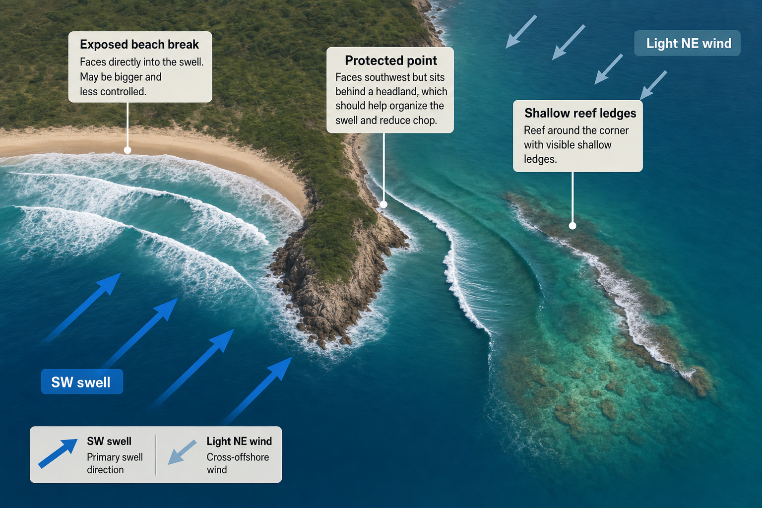 Hypothetical aerial coast comparing an exposed beach, a point sheltered by a headland, and shallow reef ledges under southwest swell and light northeast wind.