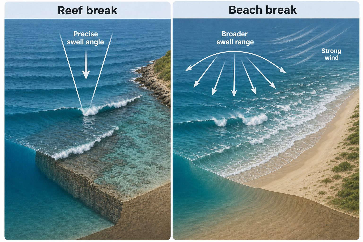 Two-panel diagram showing a reef break with a narrow swell-angle window and a sandy beach break accepting broader swell directions but becoming disorganized in strong wind.