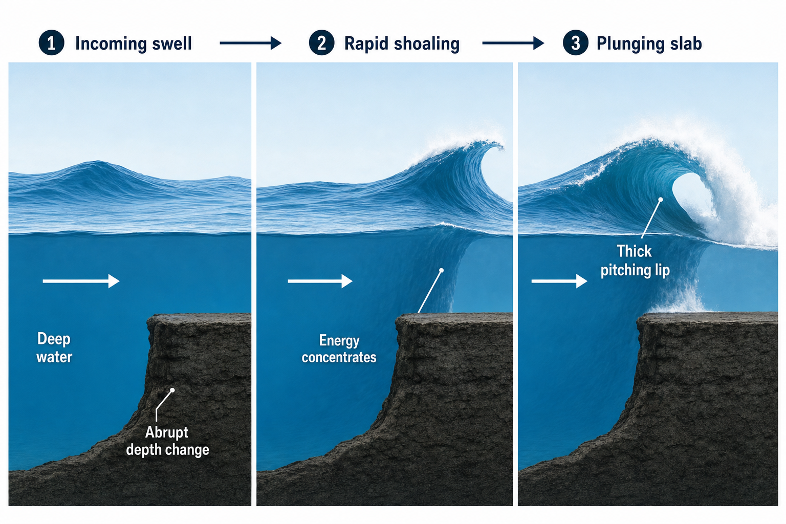 Three-stage ocean cutaway showing an incoming swell rapidly steepening and forming a thick plunging lip over the same abrupt shallow rock ledge.