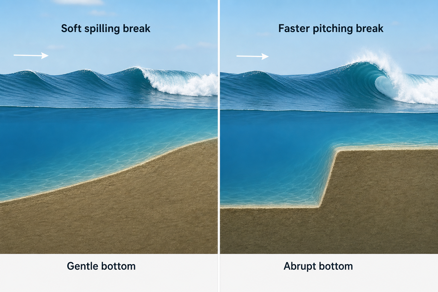 Side-by-side ocean cutaways show a gradual seabed producing a soft spilling break and an abrupt underwater step producing a steeper, faster pitching break.