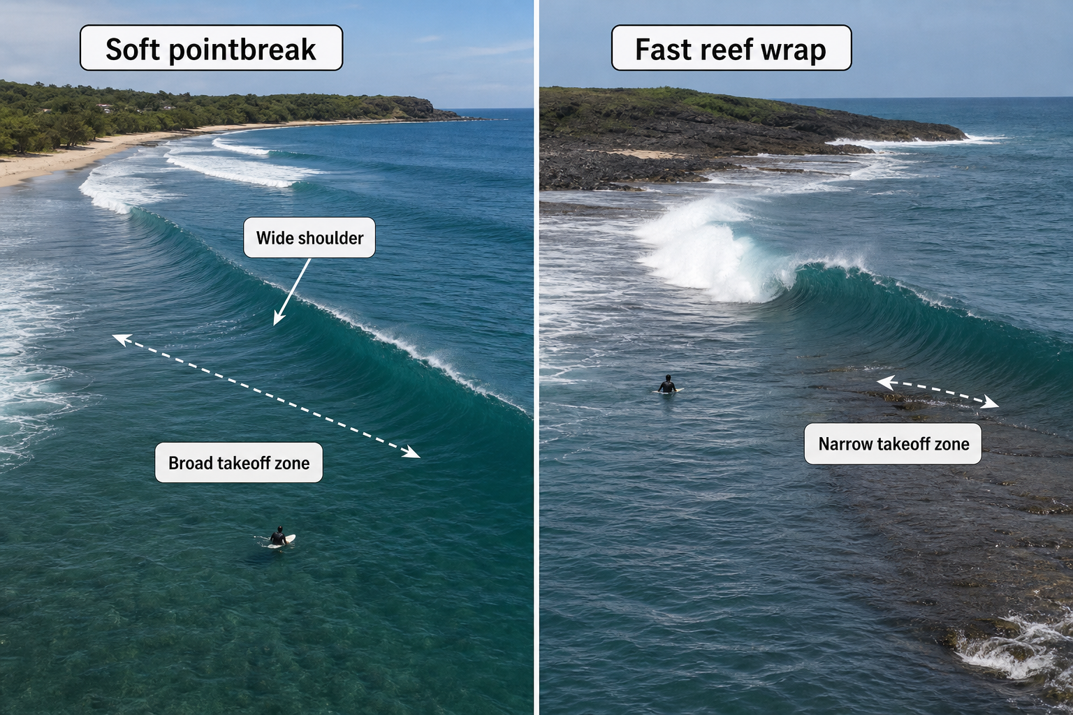 Two-panel comparison of a soft pointbreak with a wide shoulder and broad takeoff zone versus a steep reef wrap with a narrow takeoff zone.