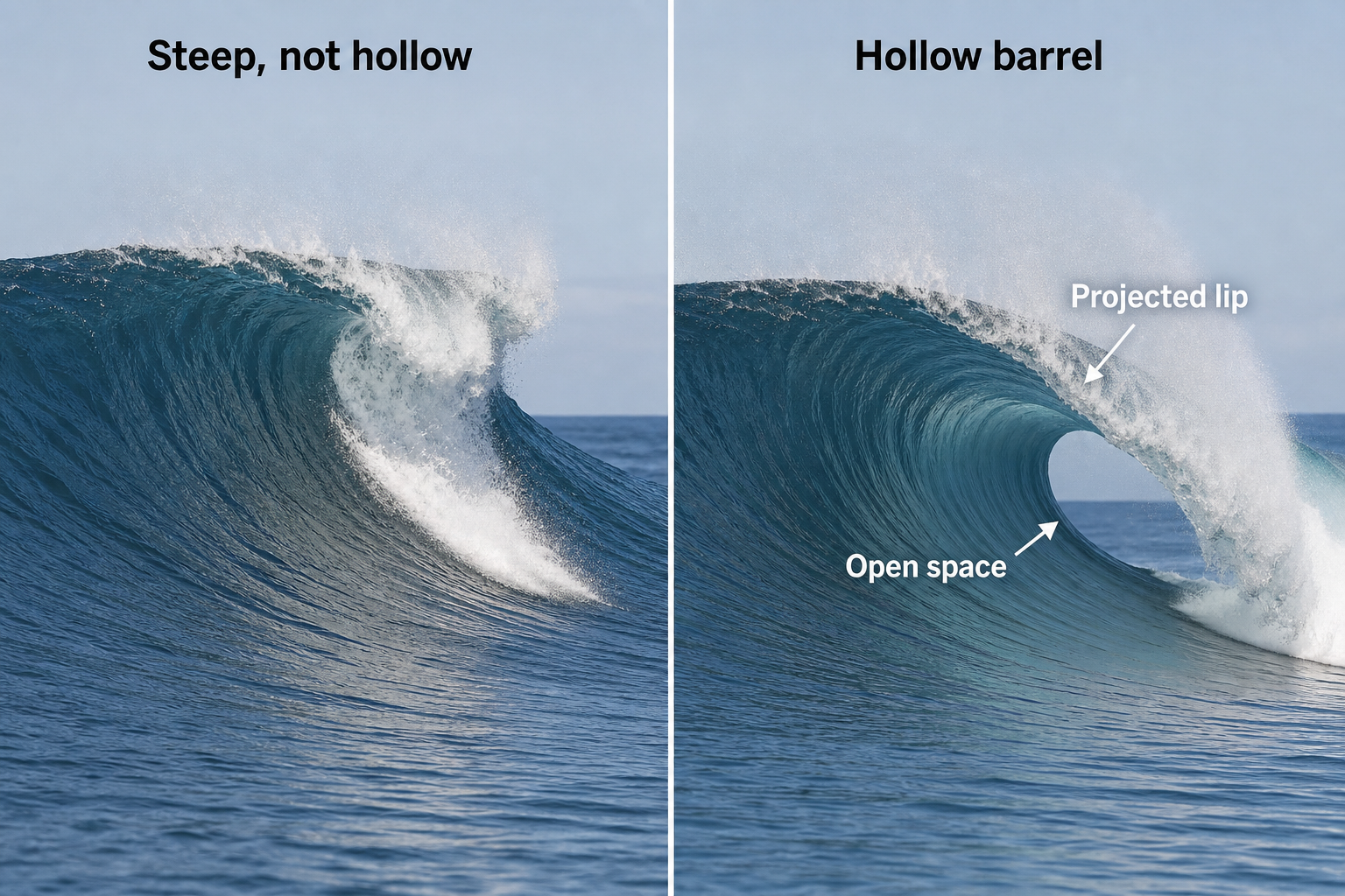 Two-panel comparison showing a steep wave without a barrel on the left and a hollow wave with a projected lip and open space on the right.