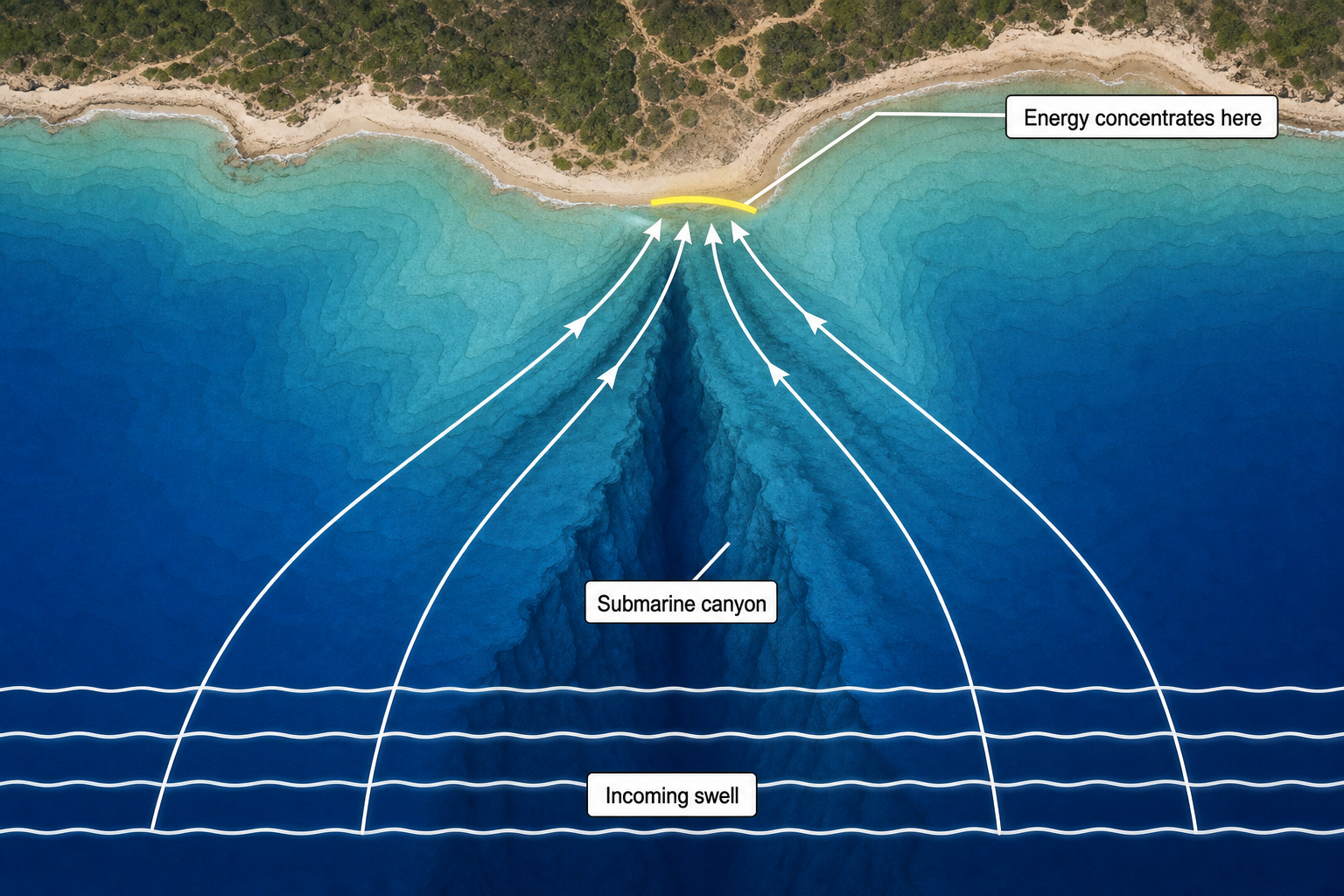 Top-down bathymetric diagram shows parallel incoming swell paths bending around a submarine canyon and converging on a short stretch of coast.