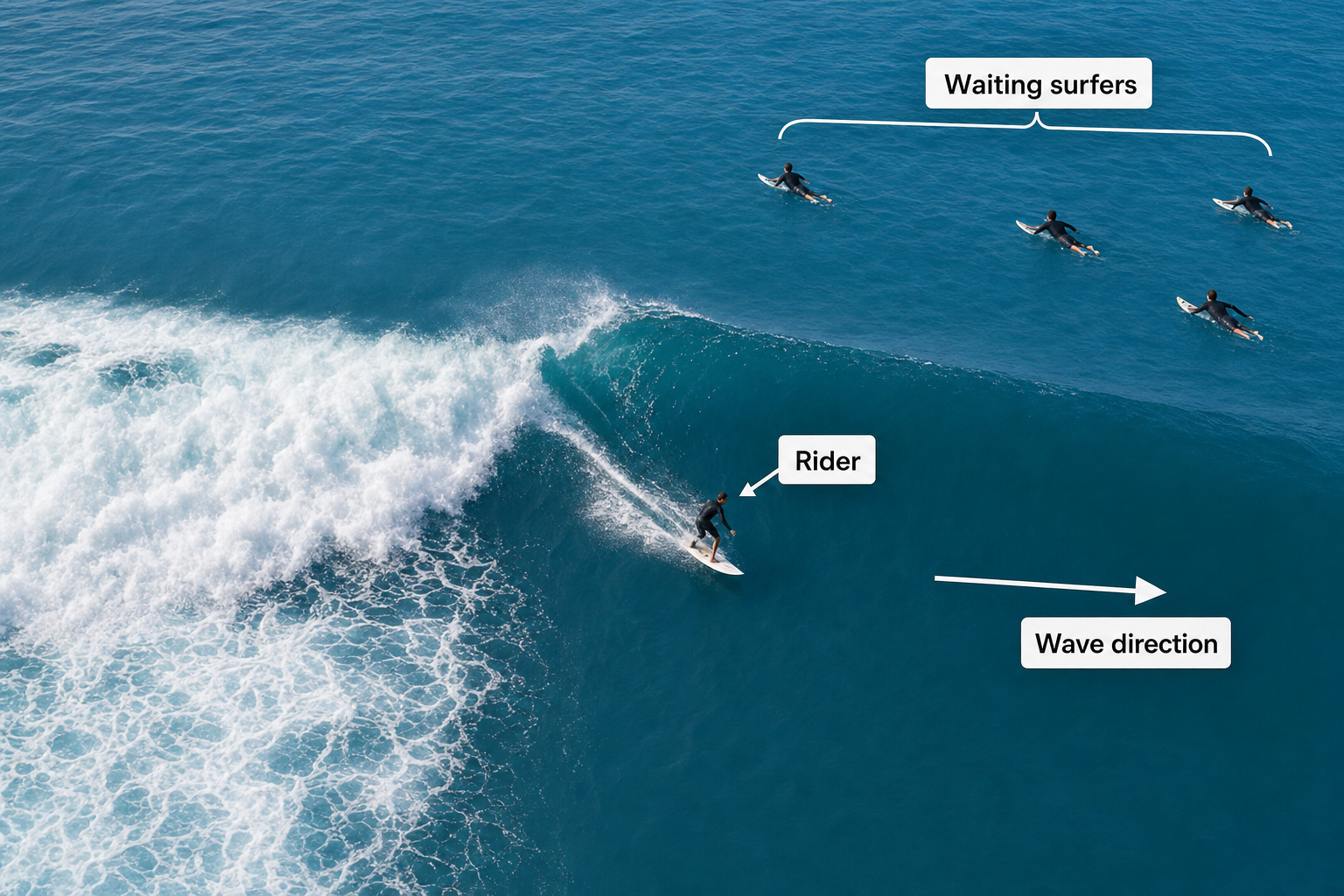 Aerial instructional image of one surfer riding right along an open wave face while four waiting surfers remain behind the crest, clear of the riding path.