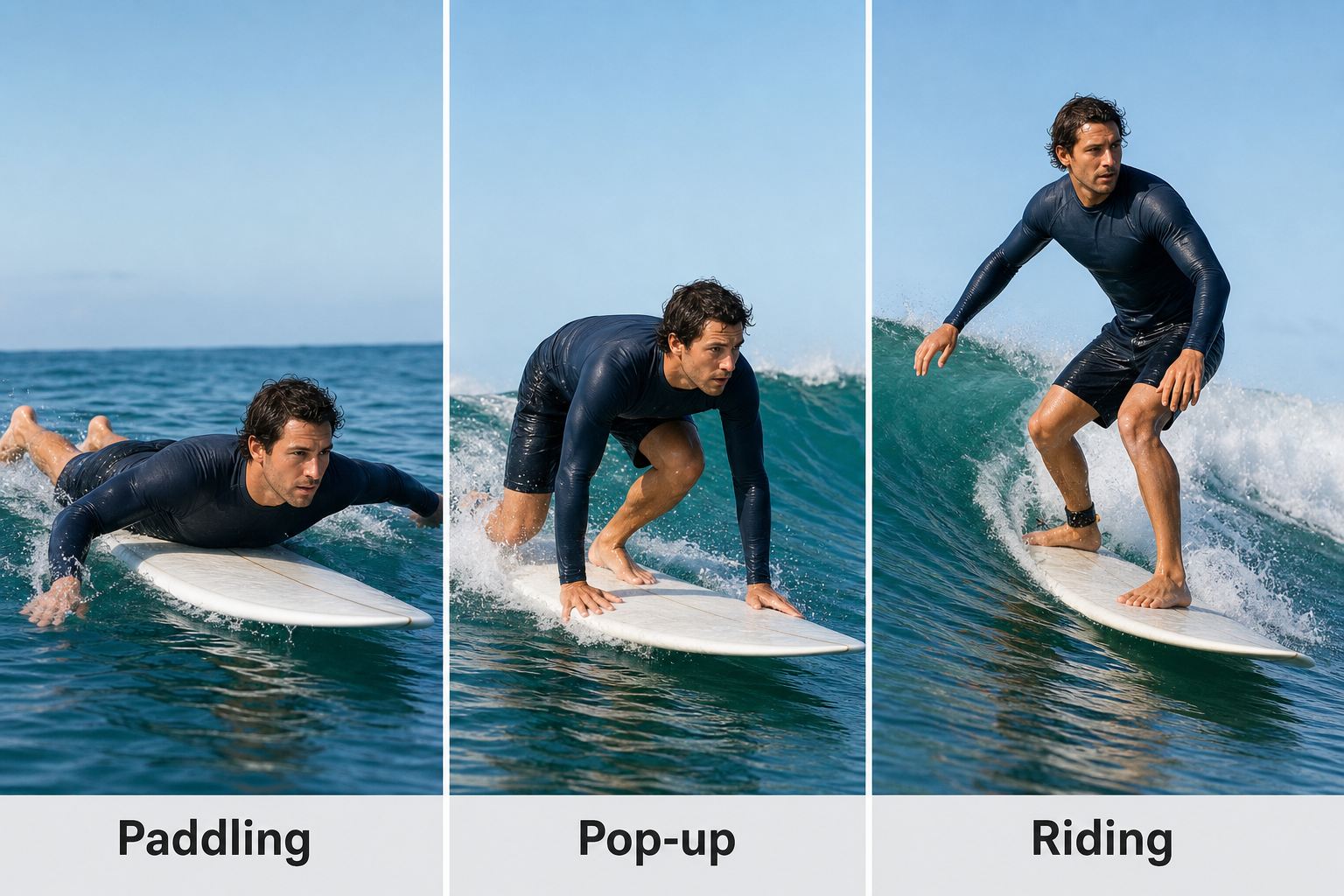 Three panels show the same surfer paddling prone, moving through a hands-down pop-up, and riding with bent knees and balanced arms.