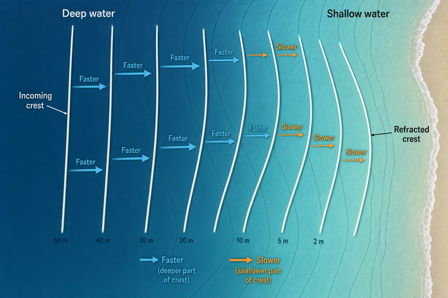 Top-down refraction diagram showing straight wave crests bending over curved depth contours as deeper sections move faster than shallower sections.