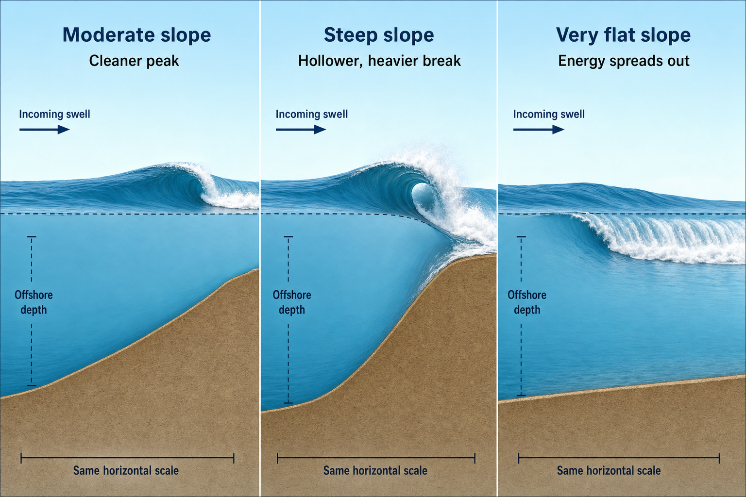 Three cutaway panels show a cleaner peak over a moderate seabed slope, a hollow plunging wave over a steep slope, and a broad crumbling breaker over a very flat slope.