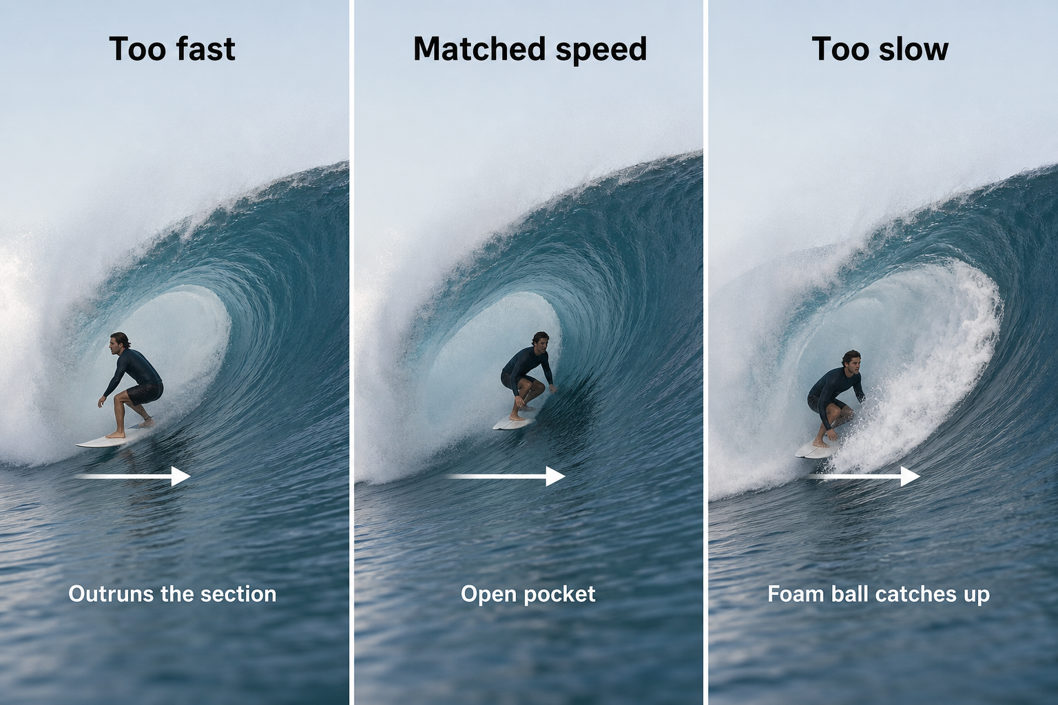 Three-panel comparison of a surfer outrunning a barrel, matching its open pocket, and being caught by the foam ball.