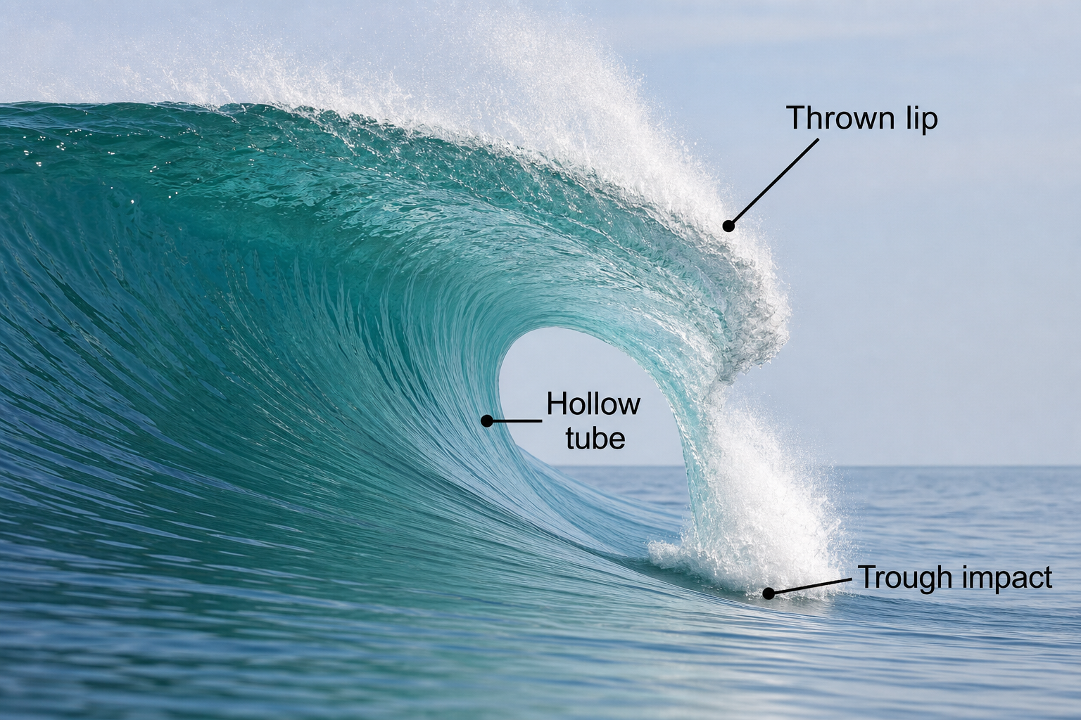 Labeled side view of a wave with a thrown lip enclosing a hollow tube before striking the trough.