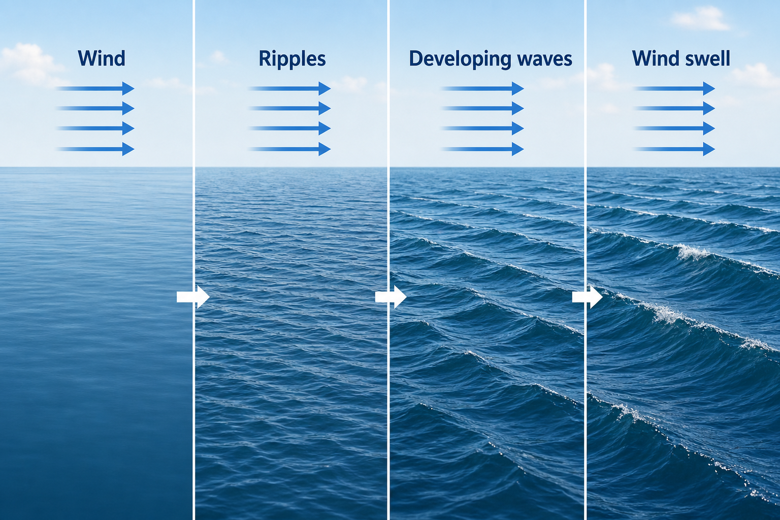 Four-panel diagram showing wind acting on calm ocean water, producing ripples that develop into short-spaced wind-swell waves.