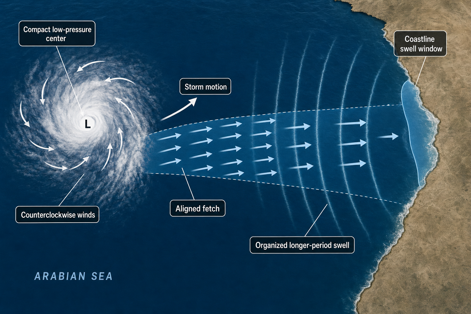 Overhead diagram of counterclockwise winds around a compact Arabian Sea low, with an aligned fetch and organized swell traveling through open water toward a highlighted coastline window.