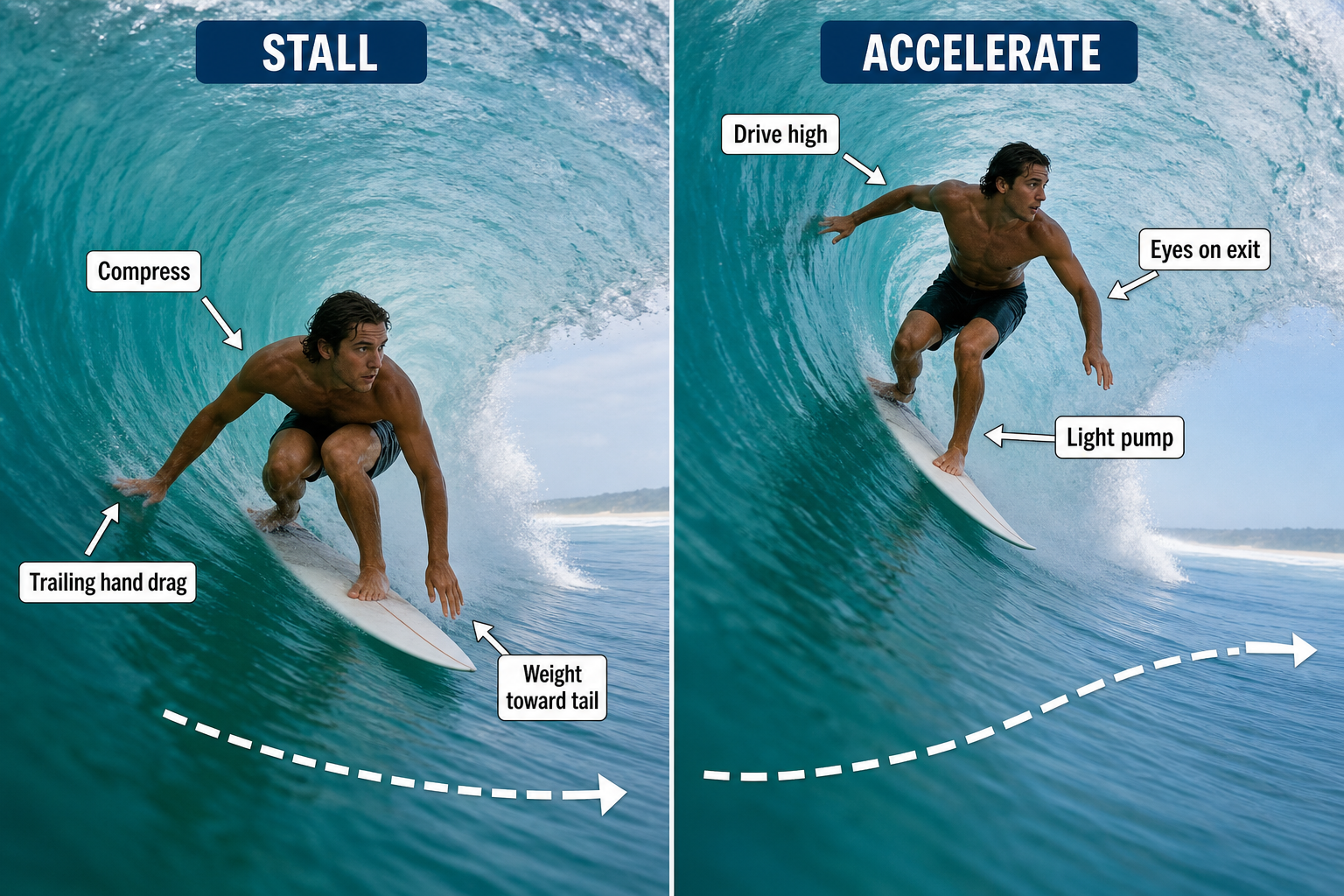 Two instructional panels show a crouched surfer dragging a trailing hand to stall and a more extended surfer riding higher toward the barrel exit to accelerate.