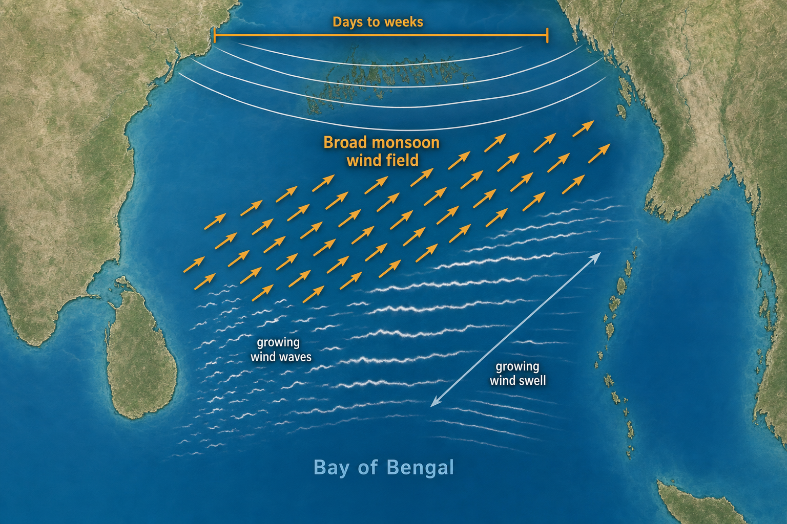 Top-down Bay of Bengal map with orange southwest-to-northeast monsoon wind arrows, open northern isobars, a days-to-weeks bracket, and developing white wave lines.