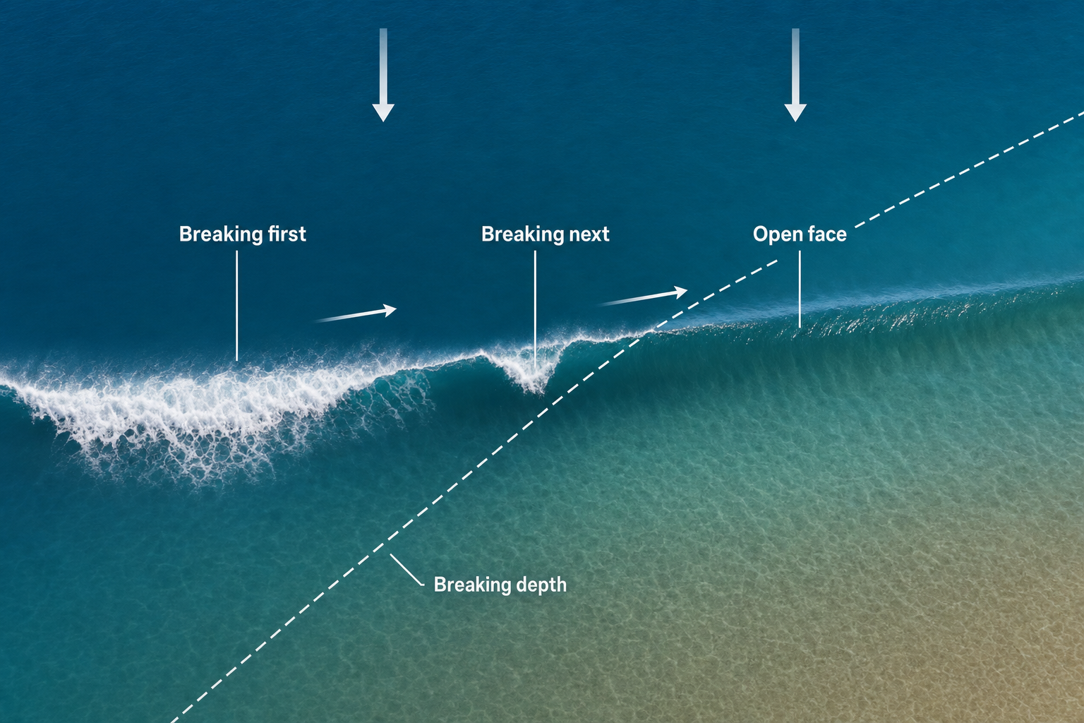 Top-down wave diagram with whitewater on the left, an open face on the right, downward wave arrows, and a dashed breaking-depth line slanting from lower left to upper right.