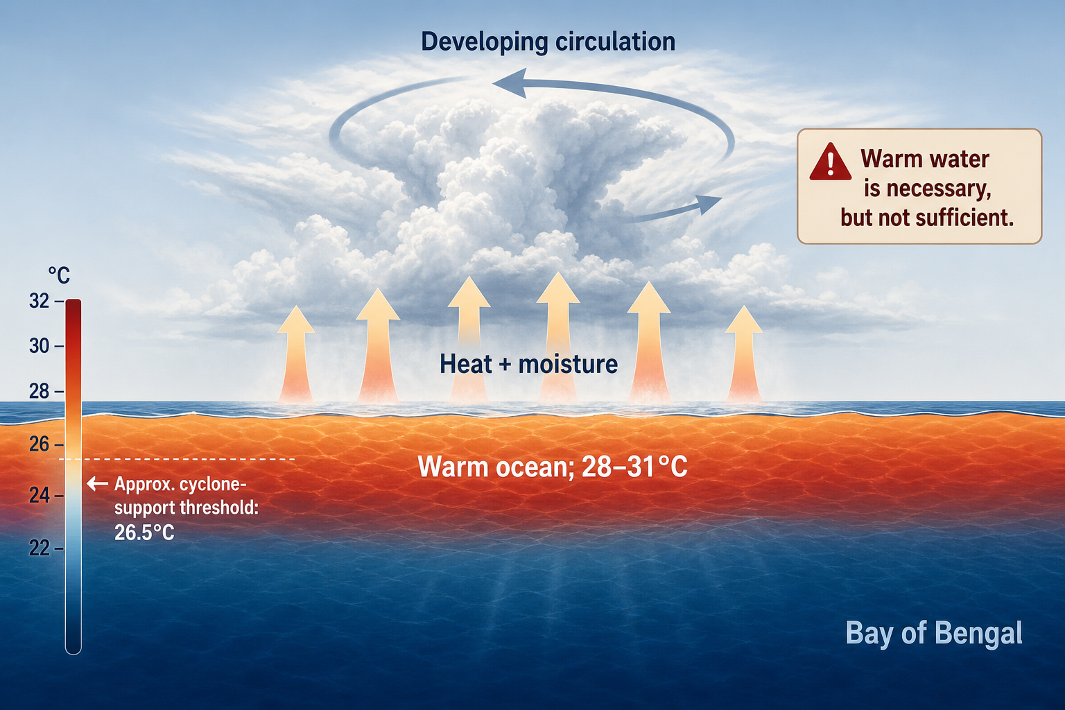 Ocean–atmosphere cutaway of the Bay of Bengal showing an orange 28–31°C surface layer, upward heat-and-moisture arrows feeding developing clouds, a 26.5°C threshold callout, and a warning that warm water is necessary but not sufficient.
