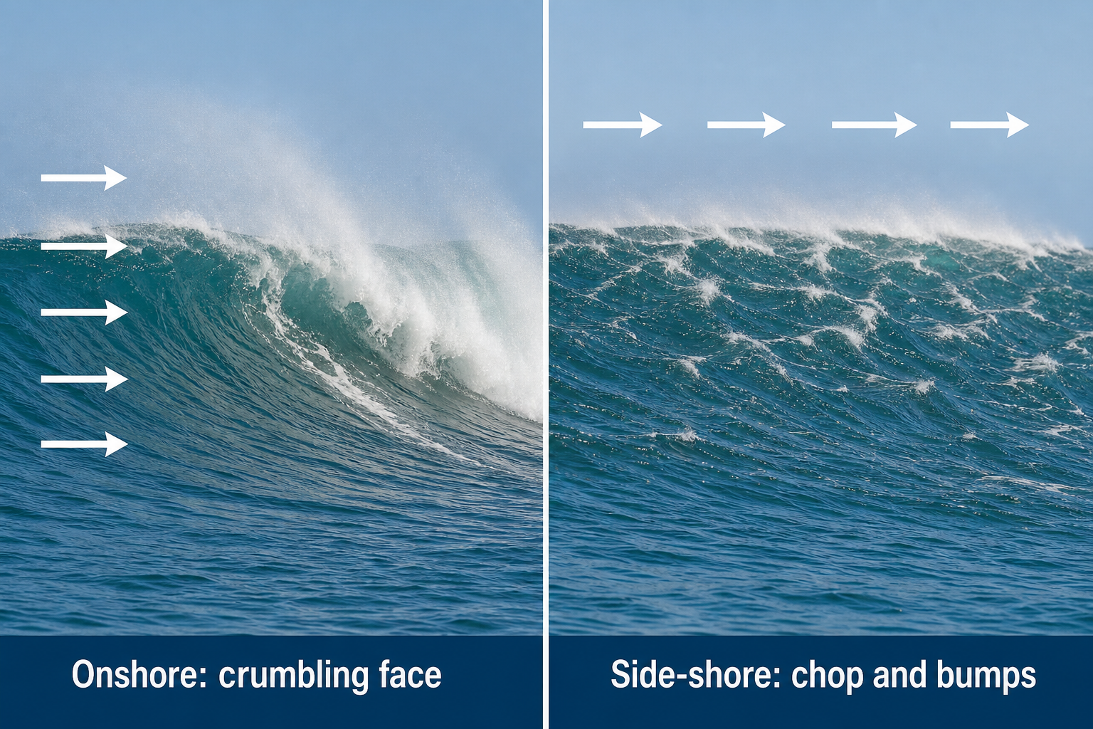Two-panel ocean comparison showing a steep crumbling wave on the left and a lower choppy wave on the right, with right-pointing wind arrows in both panels.