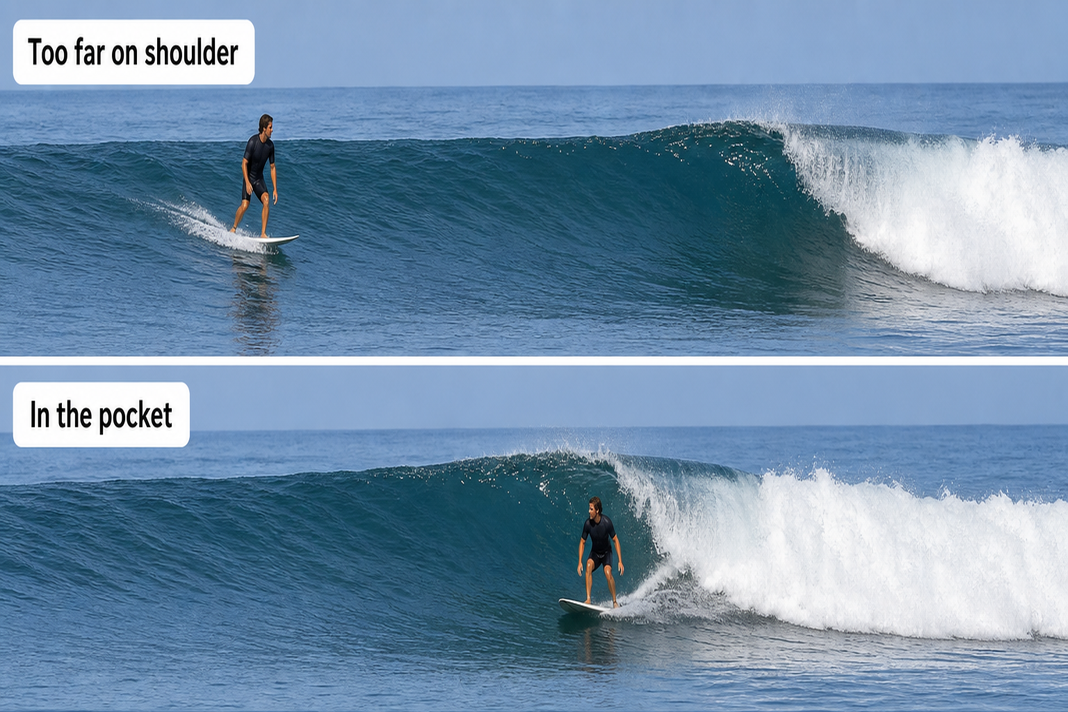 Three stacked surfing panels showing a rider far from the breaking foam, just ahead of it in the pocket, and again closely ahead of the foam in the final panel.