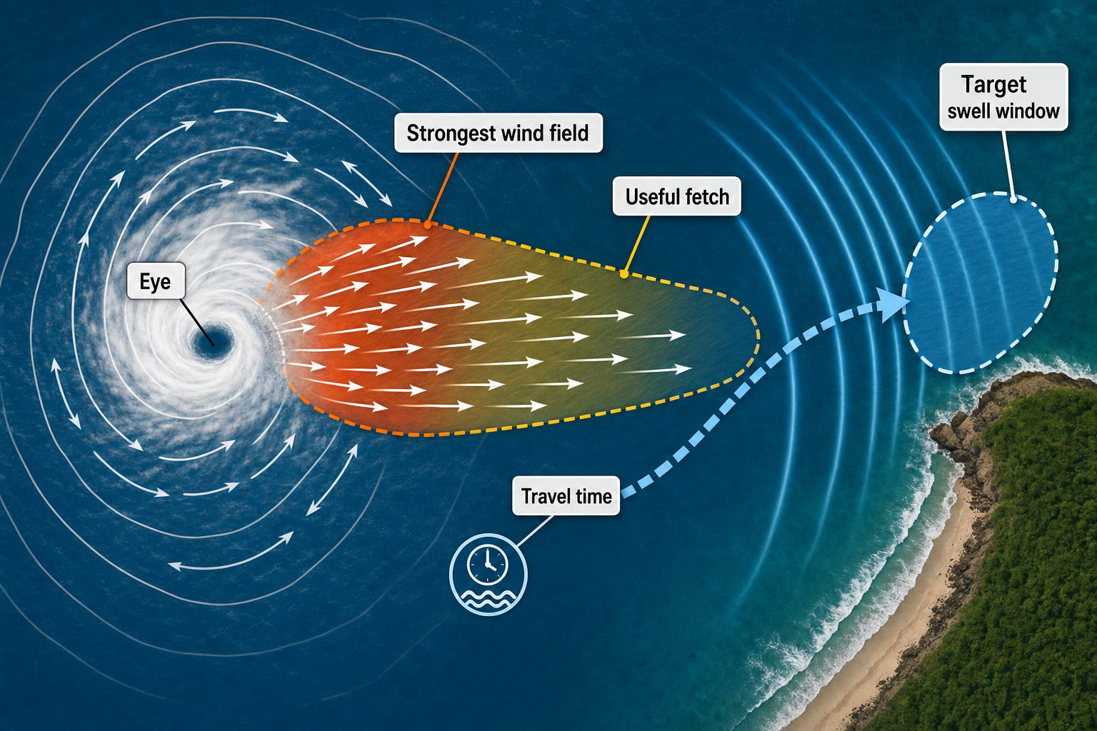 Annotated cyclone map with a highlighted rightward wind sector, an offshore target swell window, and a dashed travel-time path that begins below the outlined useful fetch.