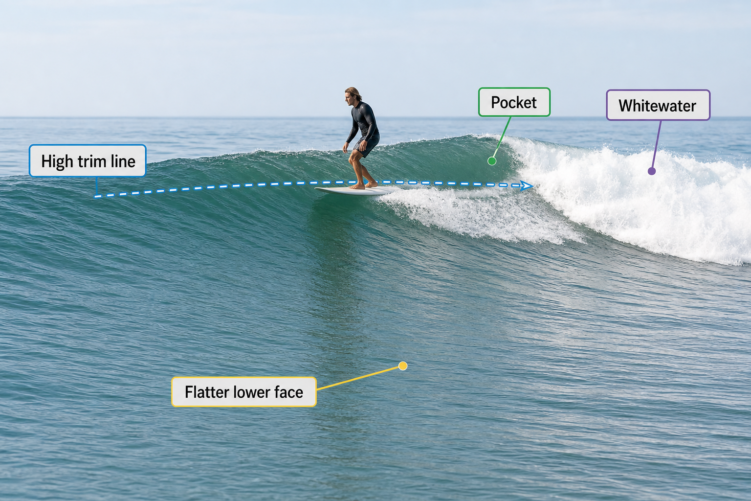 Annotated surfer high on a soft wave face, with labels for the pocket, whitewater, and flatter lower face; a dashed trim arrow points right toward the breaking foam.