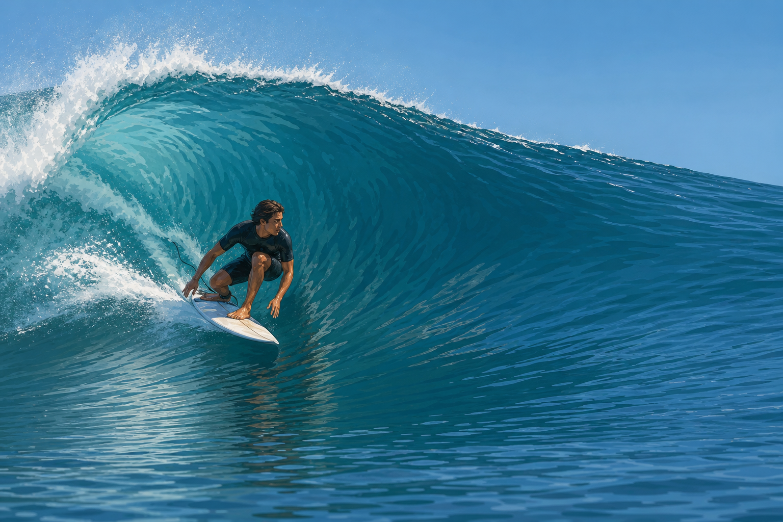 A single surfer crouches compactly on a white board, angling right across the clean face of a hollow wave with the pitching pocket behind.