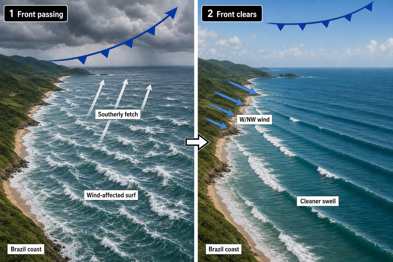 Side-by-side views of the same Brazilian coast showing rough surf under a passing front and southerly flow, then cleaner parallel swell with W/NW wind blowing from land.