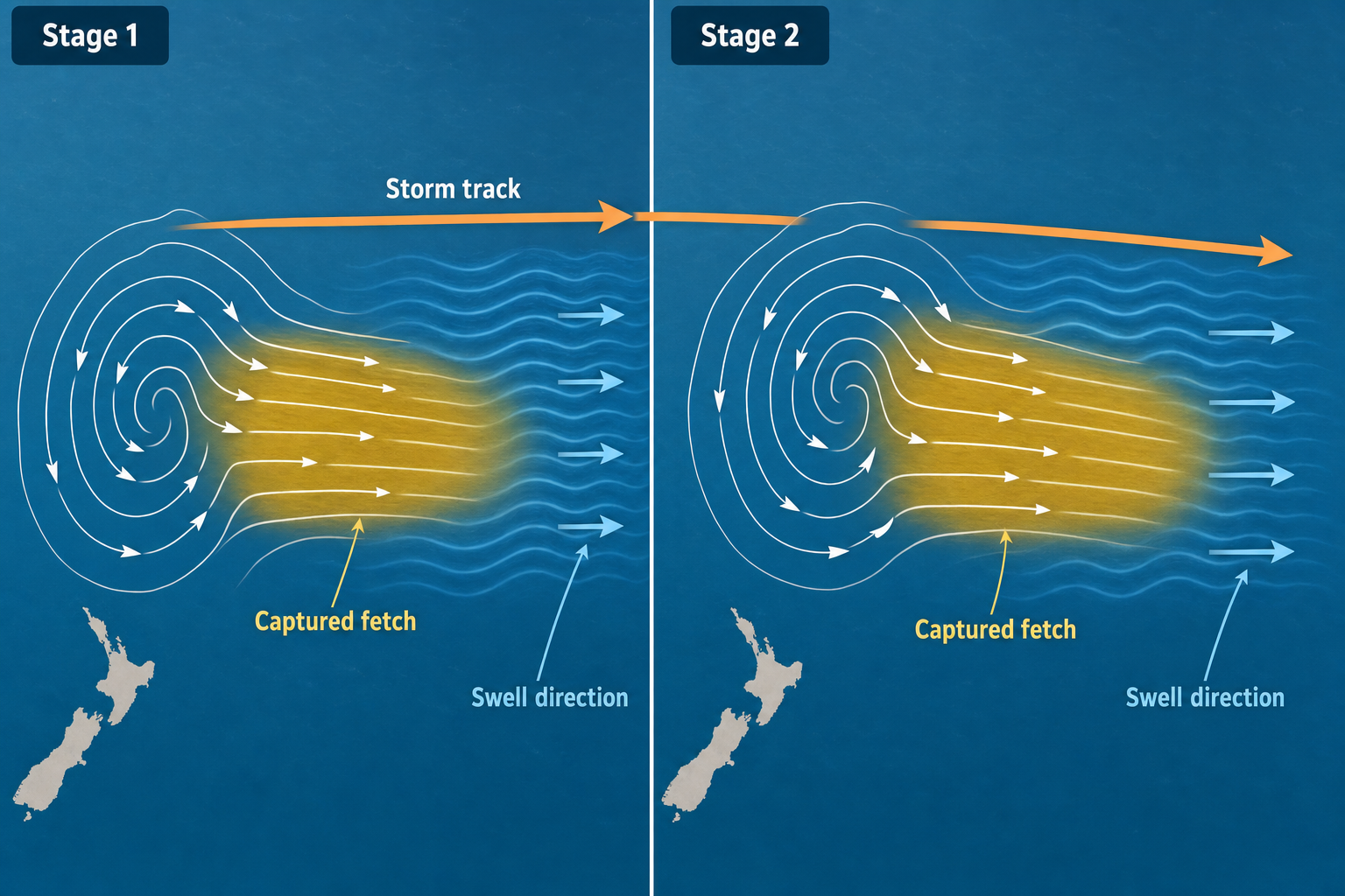 Two-stage diagram of a Southwest Pacific low moving rightward with its swell while a yellow captured-fetch wind field remains aligned over the advancing waves.
