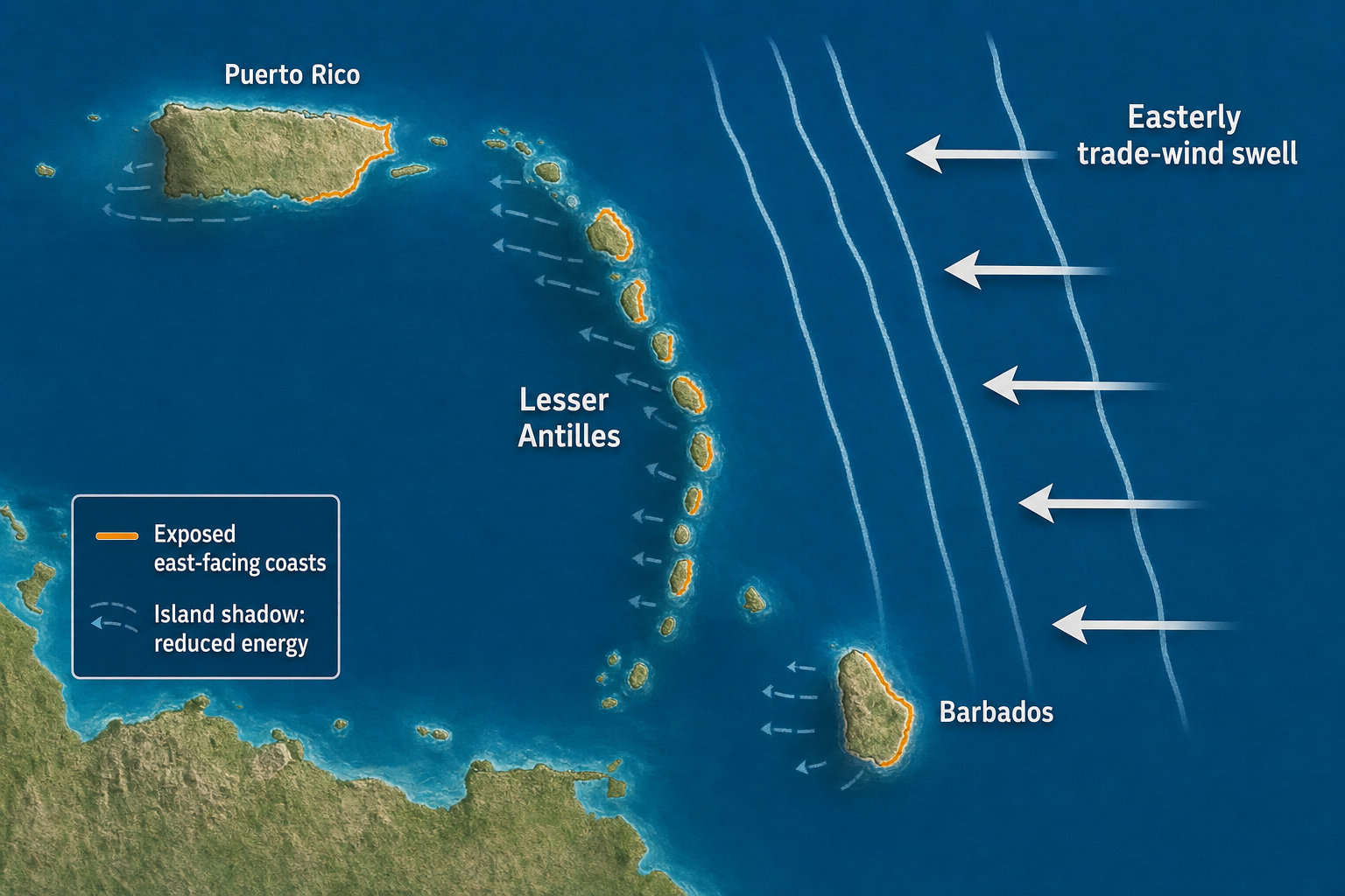 North-up Caribbean map showing easterly trade-wind swell traveling west toward the exposed eastern shores of Puerto Rico, the Lesser Antilles, and Barbados, with reduced residual energy in their western island shadows.