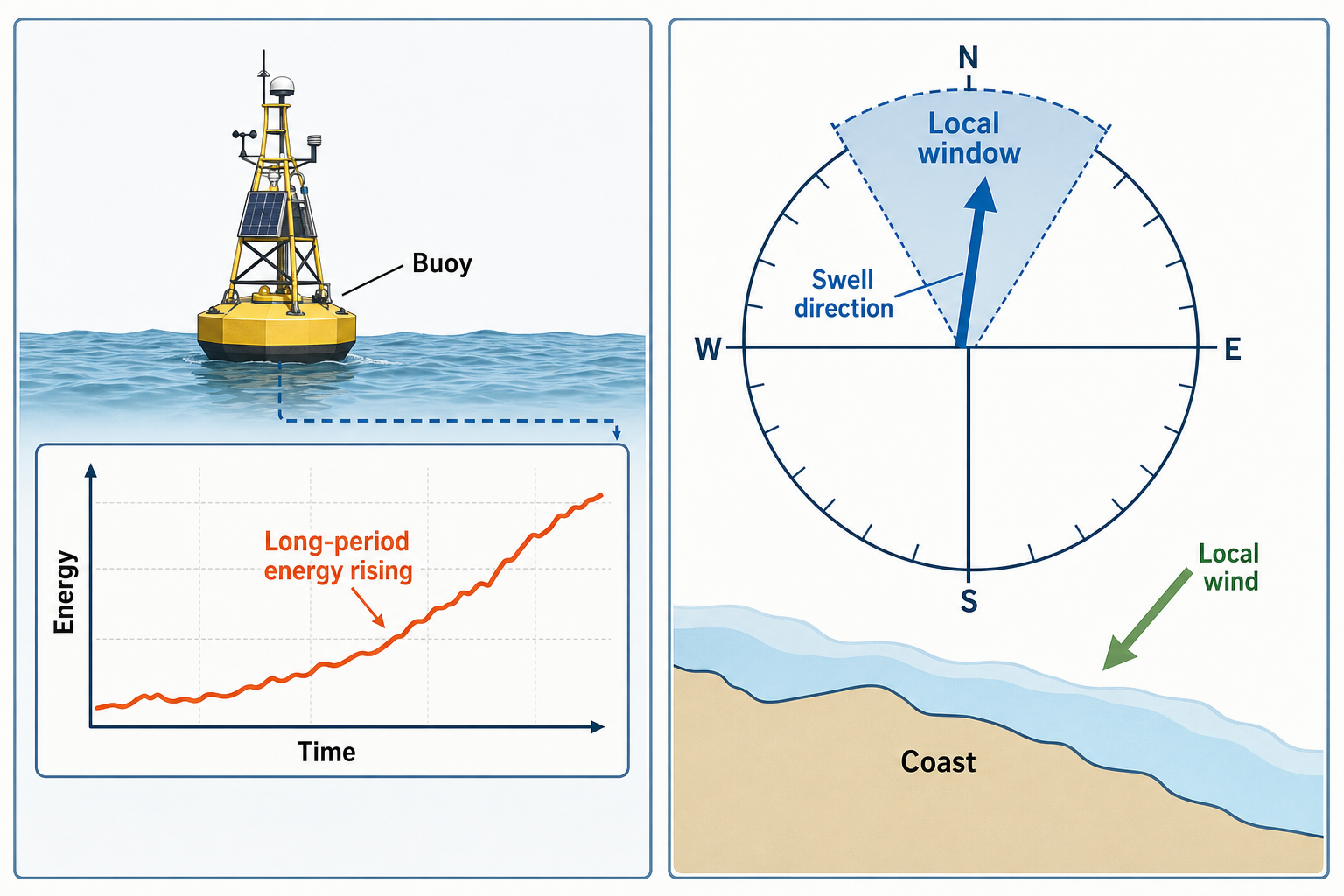Two-panel diagram showing a buoy linked to an orange long-period energy trace rising over time, beside a directional display with a blue swell indicator inside a shaded local window and a separate green local-wind arrow above the coast.