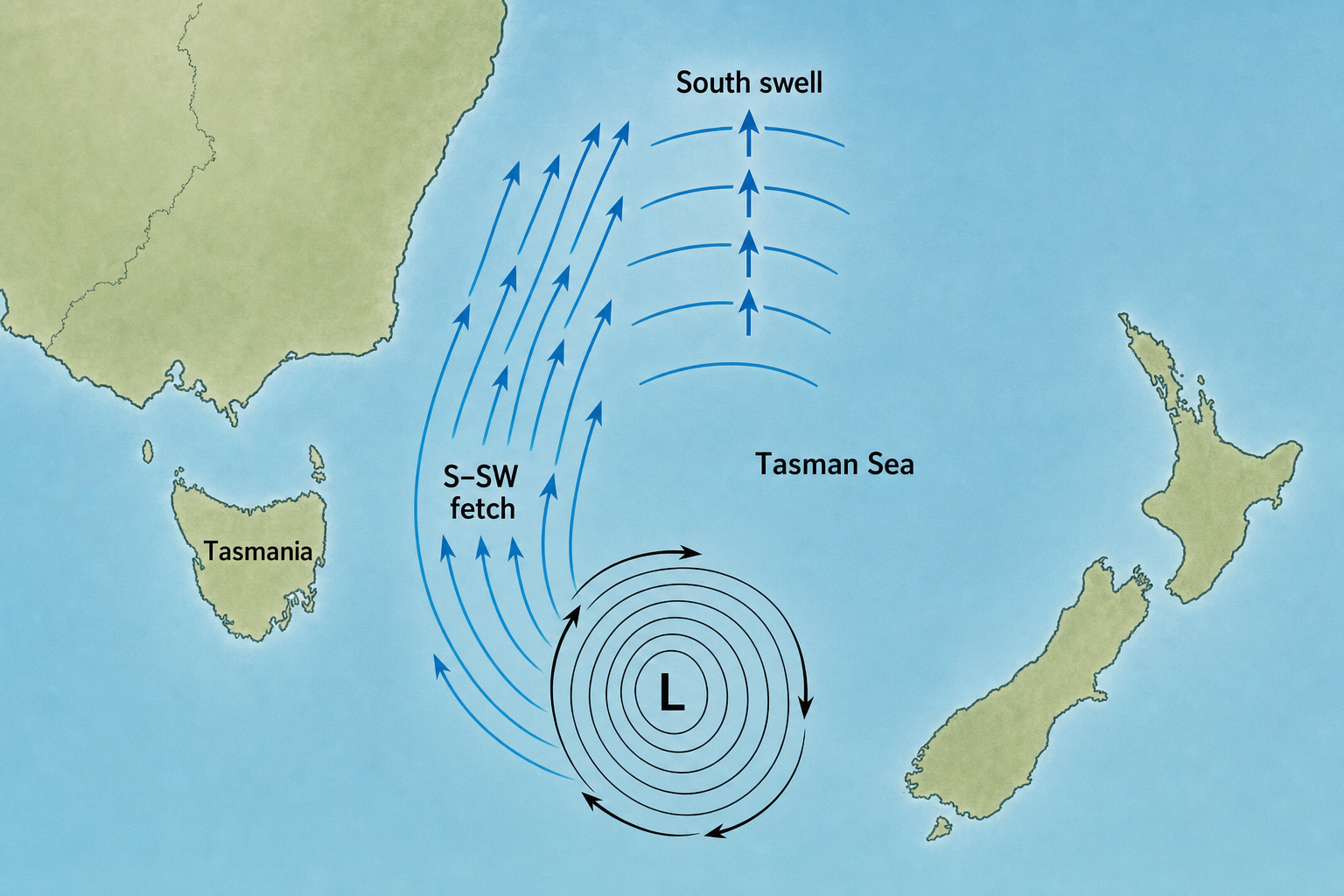 North-up Tasman Sea map showing clockwise circulation around a low east-southeast of Tasmania, a northward S–SW fetch, and northward South swell with transverse wave fronts.