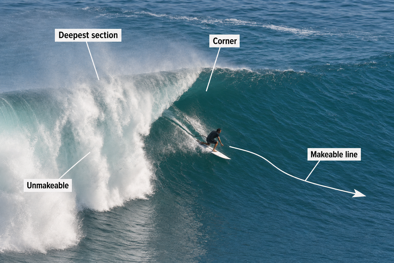 Annotated heavy wave with an unmakeable collapsing section on the left, a surfer riding the adjacent open corner, and a makeable line leading right across the clear face.