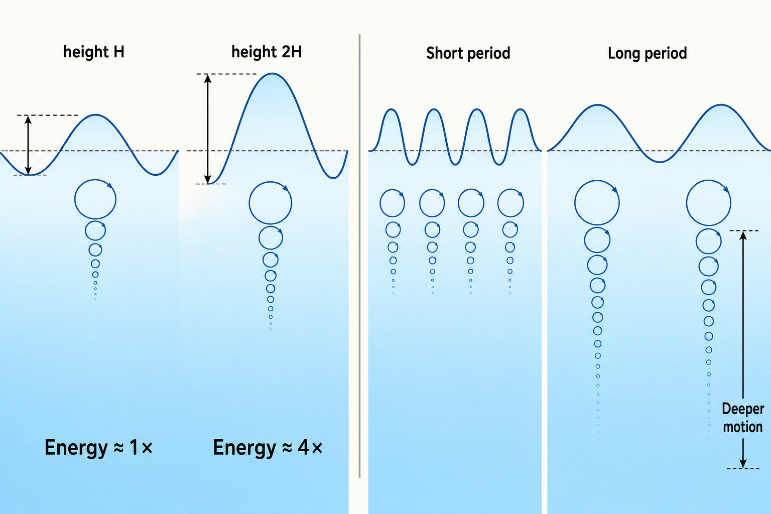 Diagram comparing a wave of height H and energy about 1× with a larger wave labeled 2H and energy about 4×, alongside short- and long-period waves with deeper orbital motion under the long-period swell.