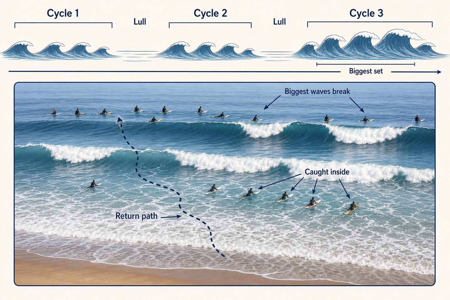 Diagram of three surf set cycles separated by lulls, with a larger third set and an inset showing the biggest waves breaking outside, surfers caught in inner whitewater, and a dashed return path toward the lineup.