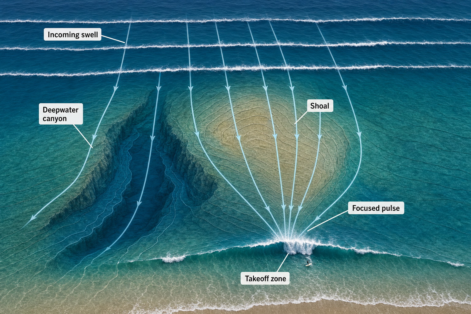Plan-oblique cutaway showing incoming swell rays bending over a deepwater canyon and raised shoal, with a limited bundle converging on a localized takeoff zone near shore.