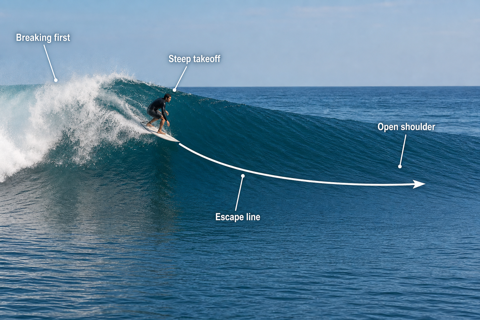 Instructional wave-reading image of a surfer beside a left-side breaking peak, with a curved “Escape line” arrow leading right across the unbroken shoulder.