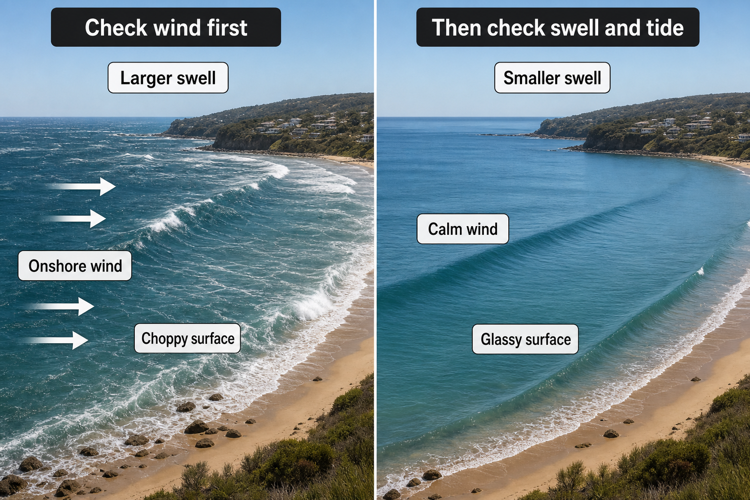Matched beach views compare a larger swell made choppy by onshore wind with a smaller swell retaining a smooth glassy surface in calm wind.