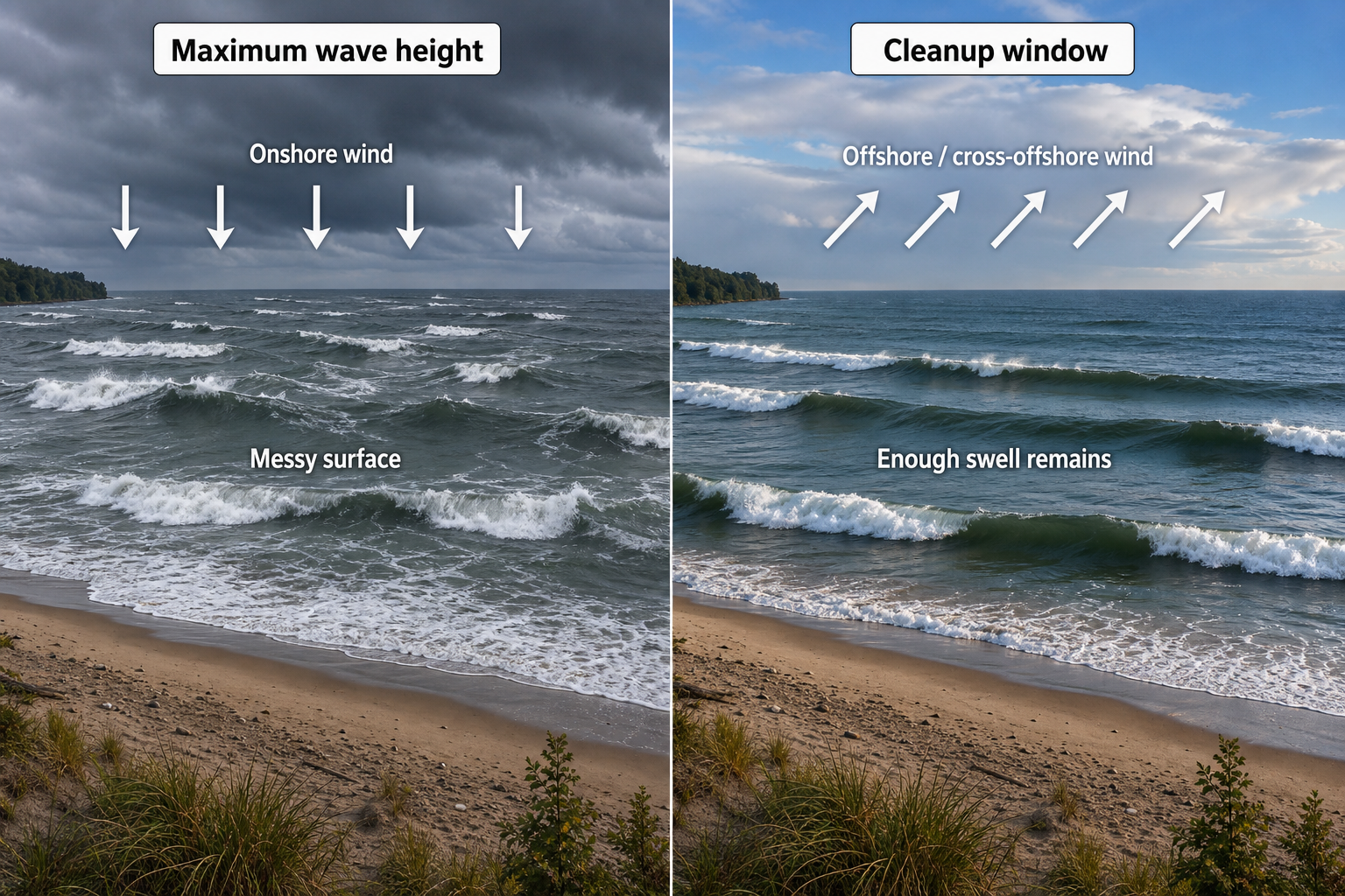 Matched Great Lakes beach panels compare chaotic waves and onshore wind at maximum wave height with cleaner, still substantial wave lines and offshore or cross-offshore wind during a clearing cleanup window.