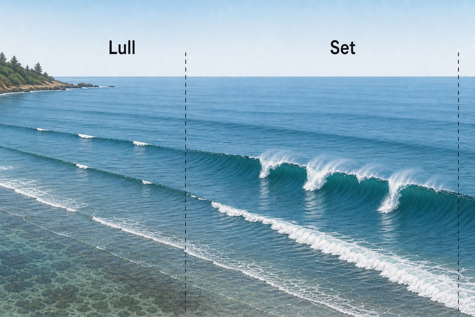 Timeline labeled Lull, Set, and Time, showing smaller waves on the left followed by one prominent larger breaking wavefront on the right.