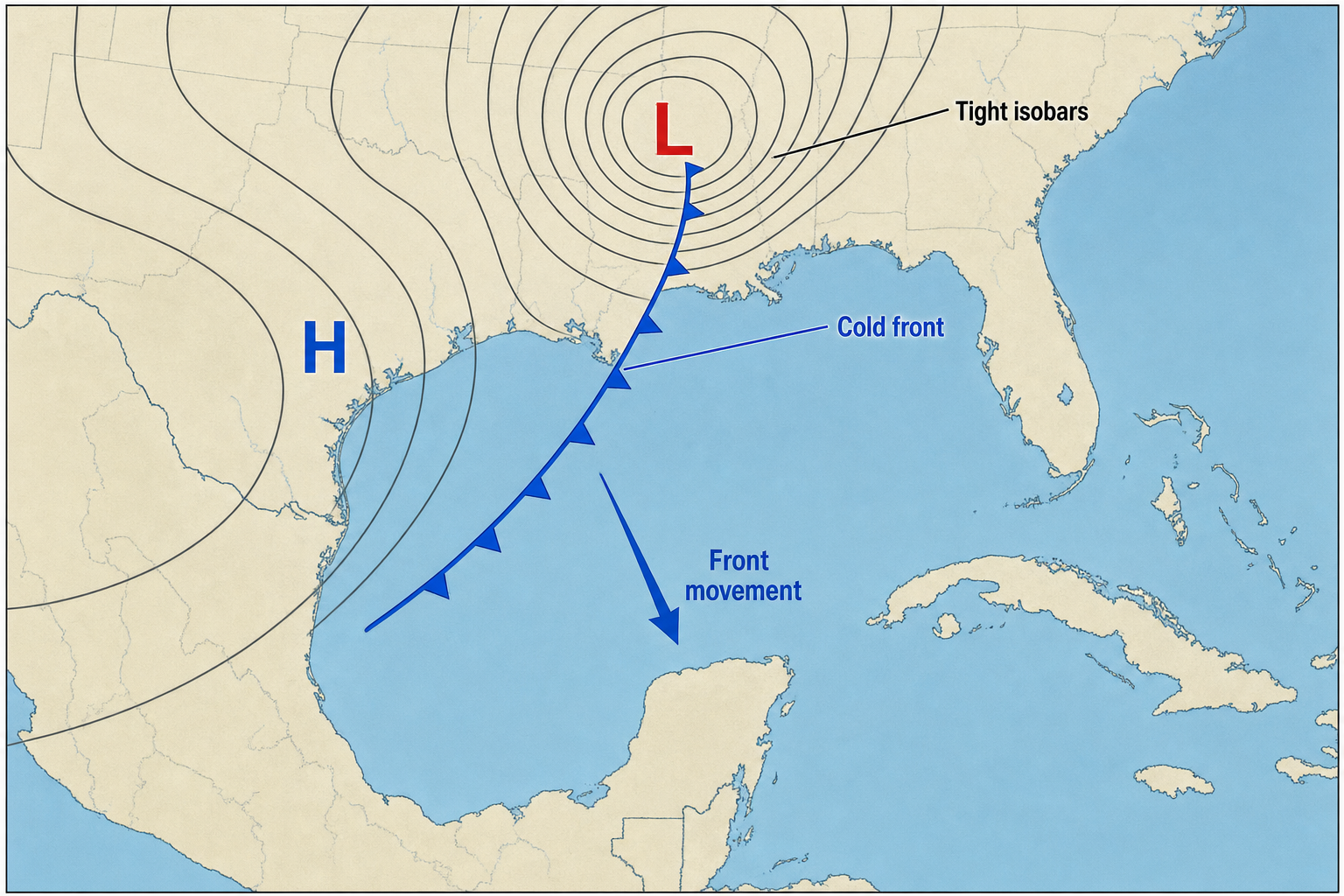 North-up Gulf weather map with a low over the lower Mississippi Valley, tight isobars around it, an attached blue cold front extending southwest across the Gulf, a trailing high over Texas, and a southeastward movement arrow.