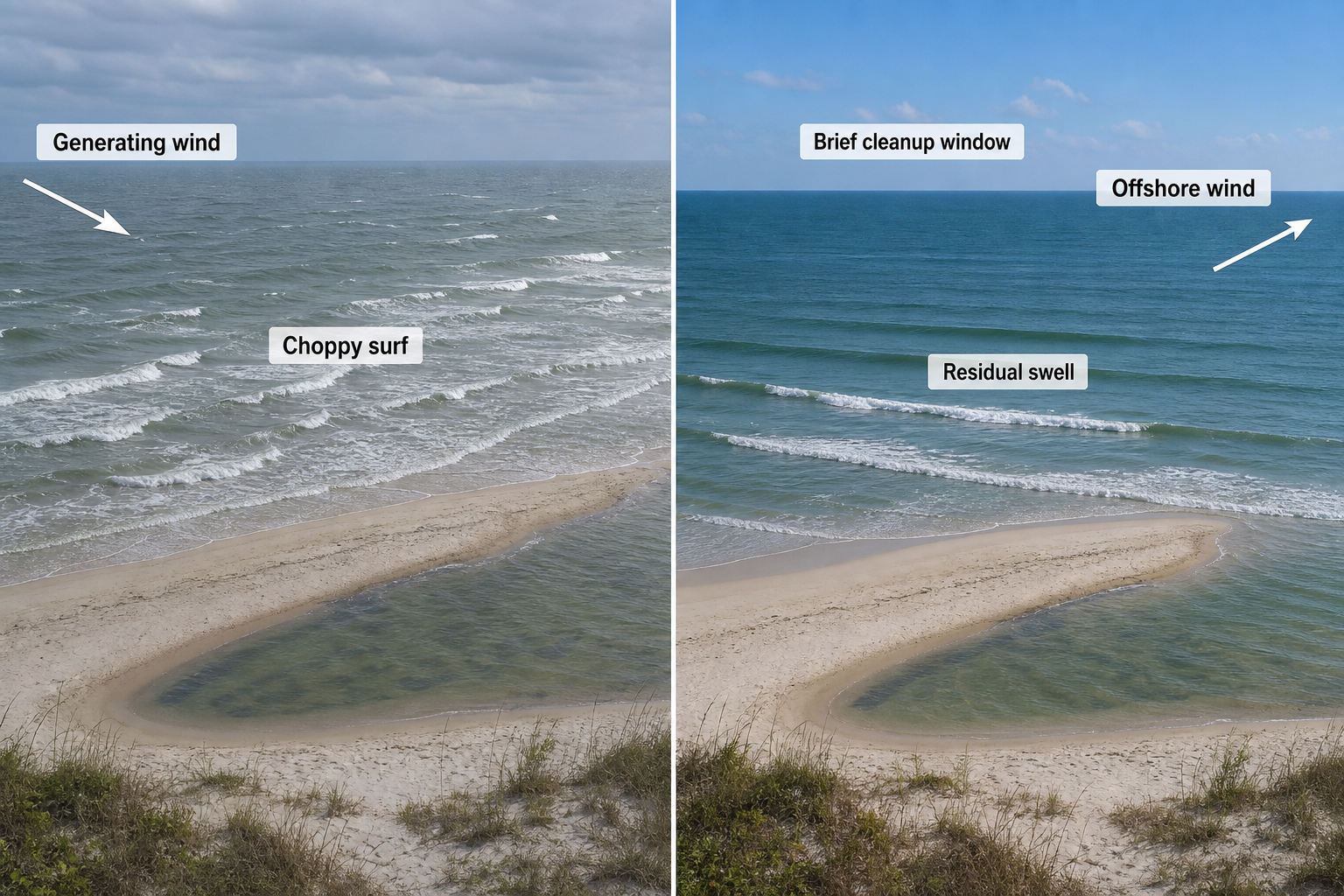 Split-screen elevated beach views showing gray choppy surf under shoreward generating wind on the left and cleaner residual wave lines under offshore wind on the right beside a similar curved sandbar.